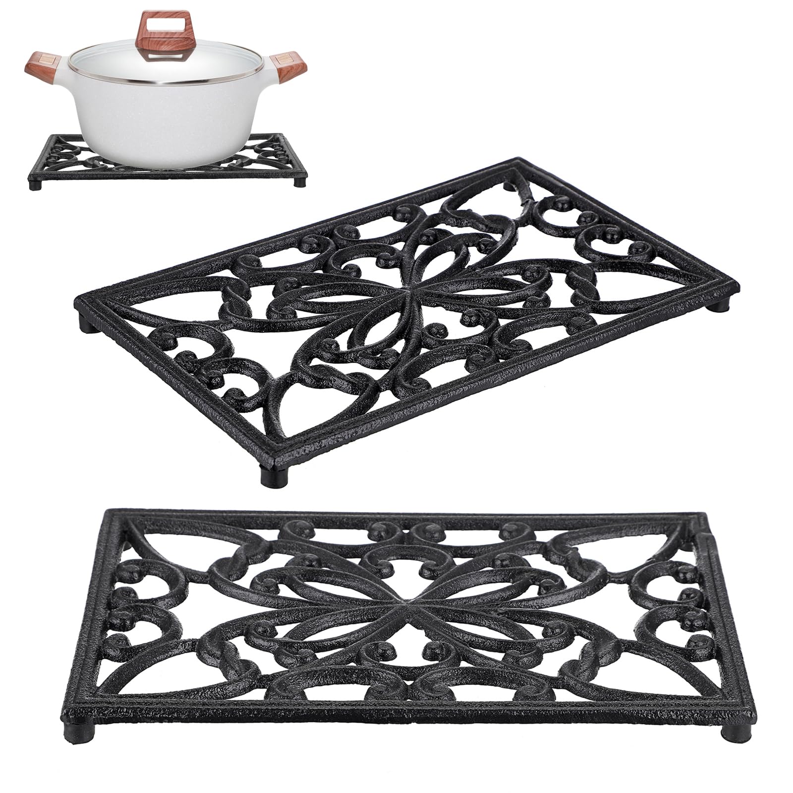 Sumnacon 2Pcs Rectangle 10 X 6.1 Inch Cast Iron Trivet - Rustic Heat Resistant Metal Trivet For Hot Dish Pot Pan Teapot, Vintage