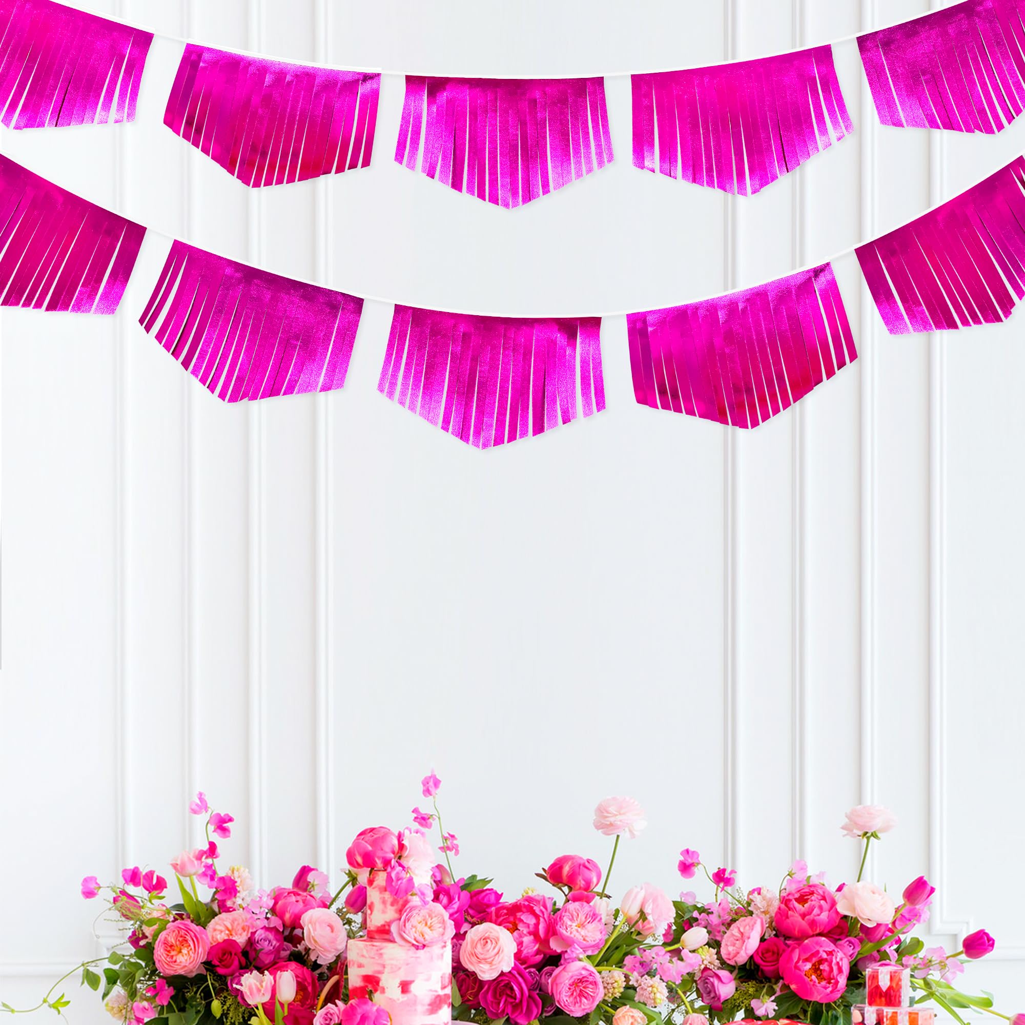 Hot Pink Tassel Banner Double Sided Metallic Fabric Pennant Bunting Flag Garland For Birthday Bachelorette Anniversary Engagemen