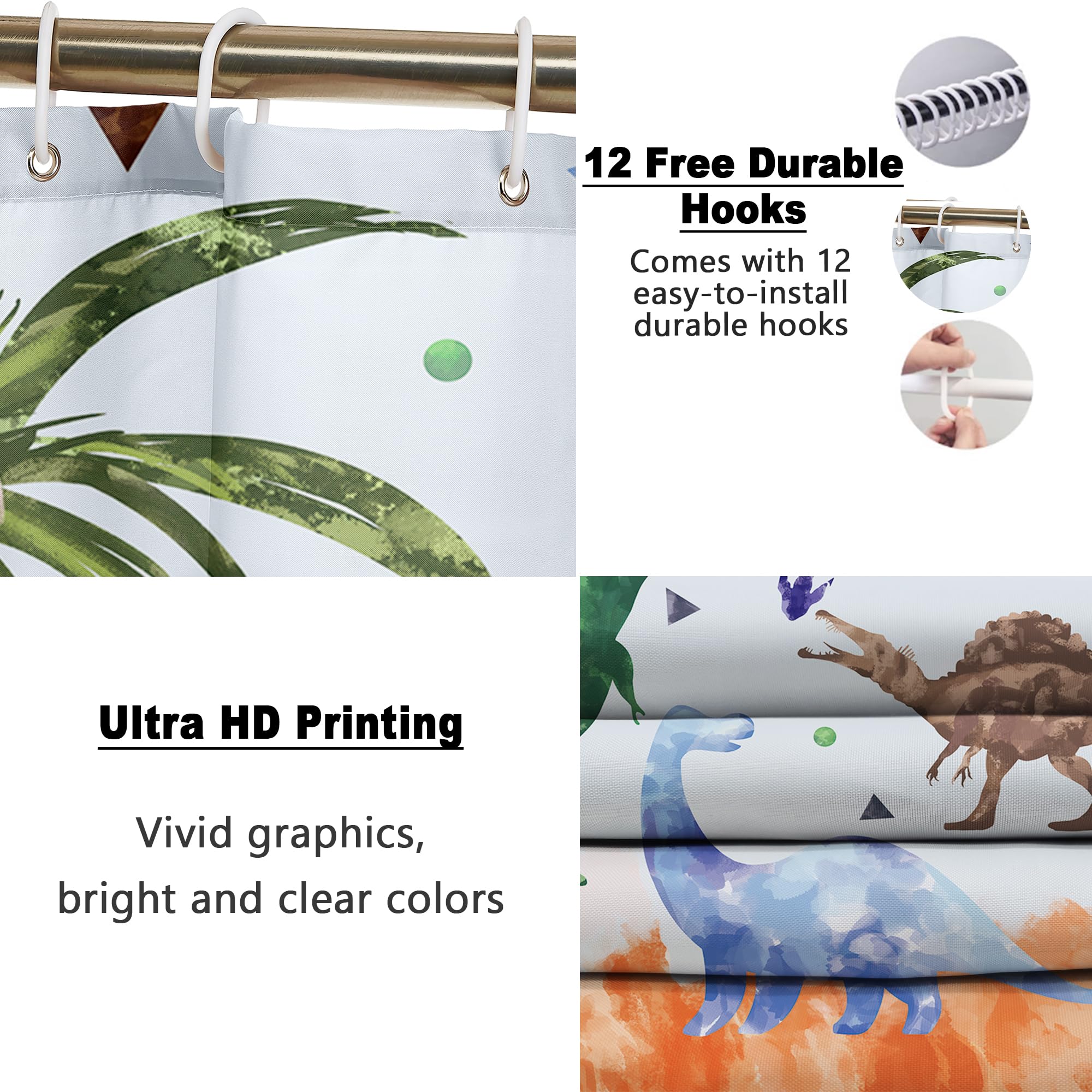 Poedist Shower Curtain Set with Rugs Kid's Bathroom Accessory Set  Including Non-Slip Rugs Toilet Lid Cover and Bath Mat  Waterproof Shower Curtain with 12 Hooks Dinosaur Footprints