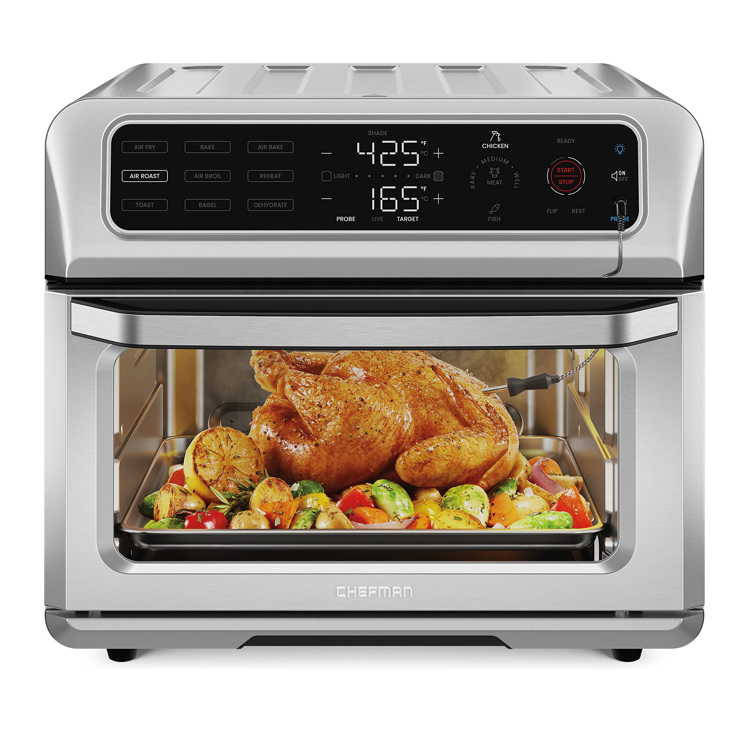 Chefman Air Fryer Toaster Oven Combo with Probe Thermometer  12-In-1 Stainless Steel Convection Countertop  10 Inch Pizza  4 Slices of Toast  Cooking  Baking  Toasting  Roaster Oven Airfryer 20QT