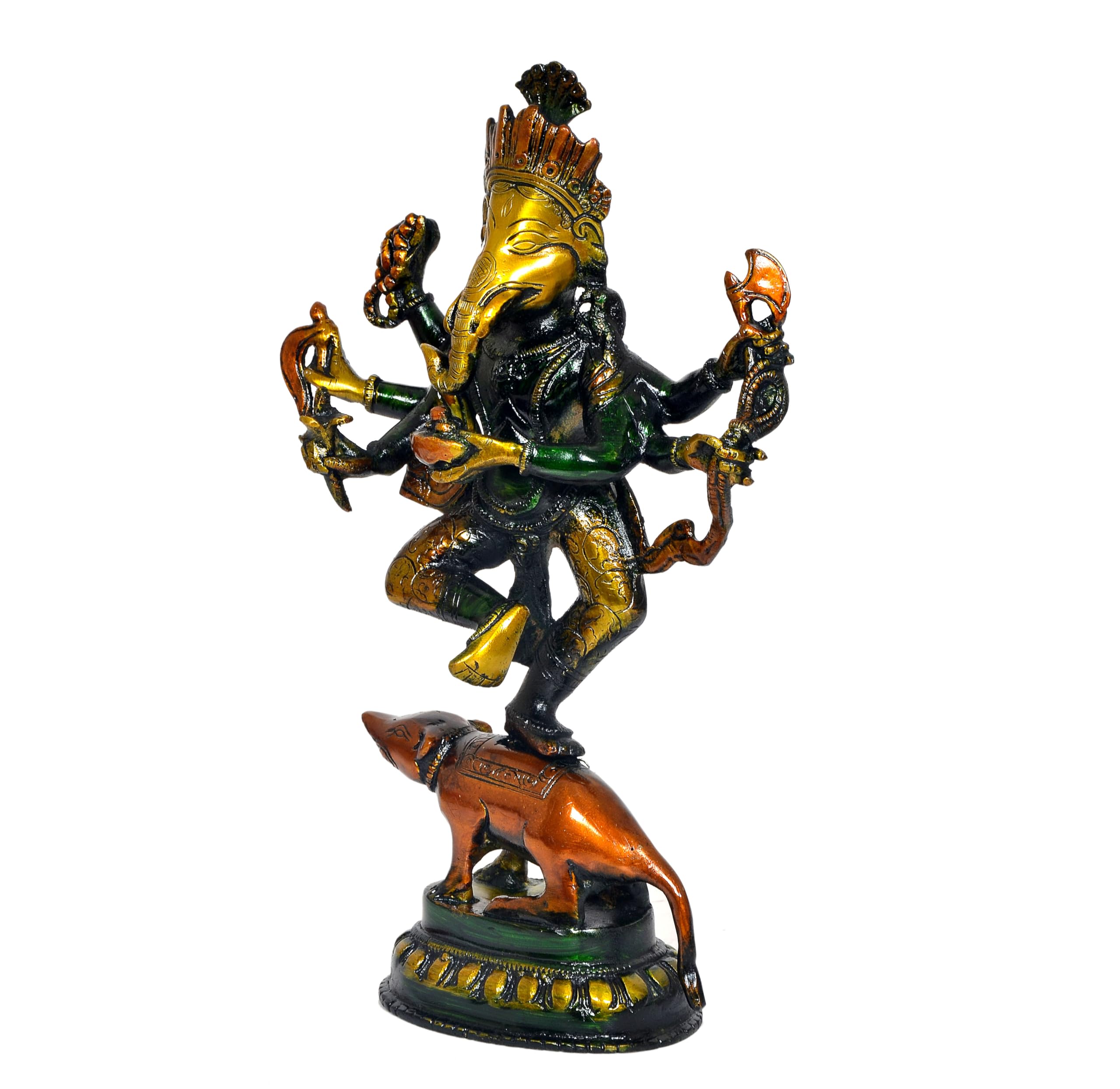 Dattatreya Brass Ganesha Six Hand God Ganesh Dancing On Mushak Idol For Home Decor Pooja Mandir Temple (Height 12 Inch)
