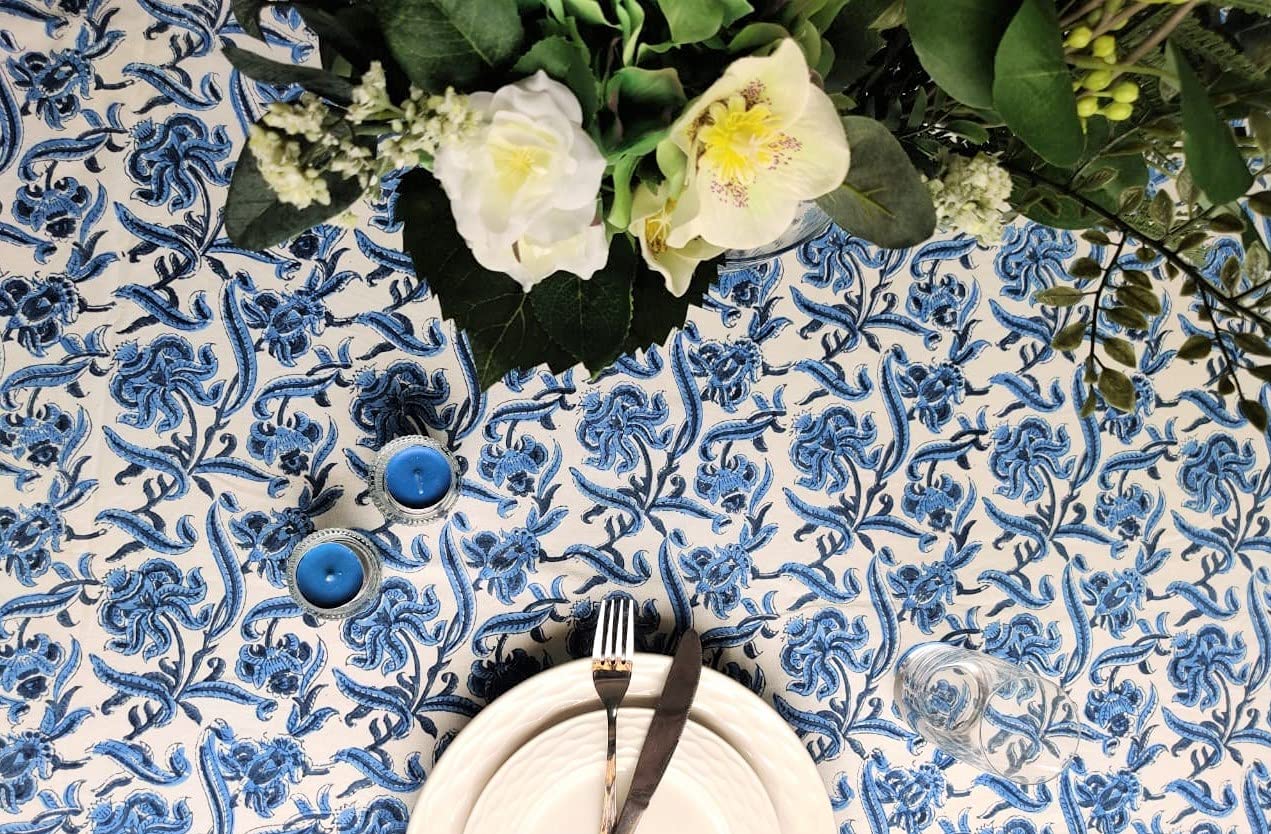 ATOSII Midnight Bloom 100% Cotton Fall Tablecloth, Handblock Print Blue Square Table Cloth for Kitchen Dining Table Linen I Part