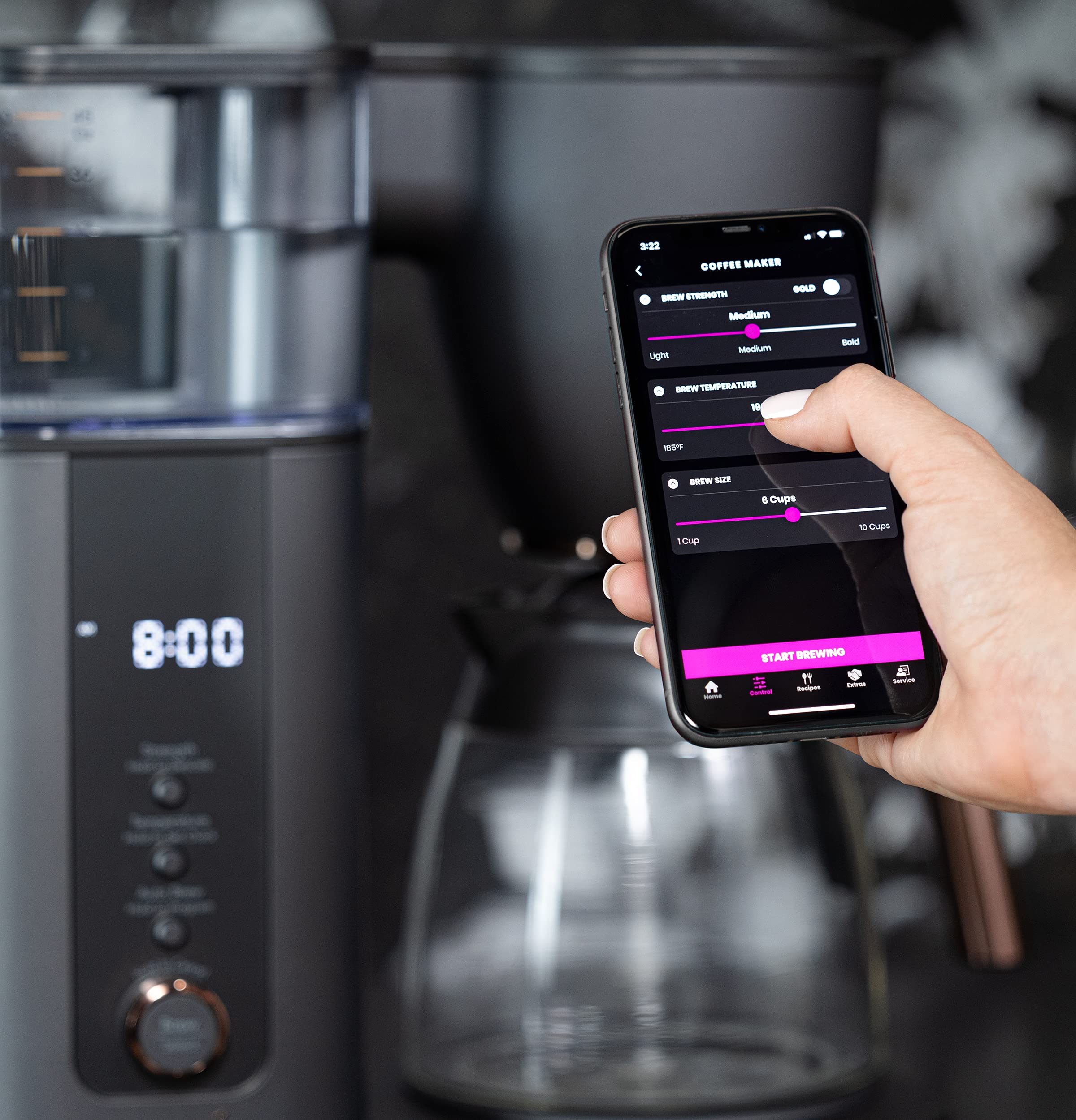 Caf   Specialty Drip Coffee Maker, 10-Cup Glass Carafe, Wifi Connected Smart Voice-To-Brew, Includes Reusable Filter Basket & Gr