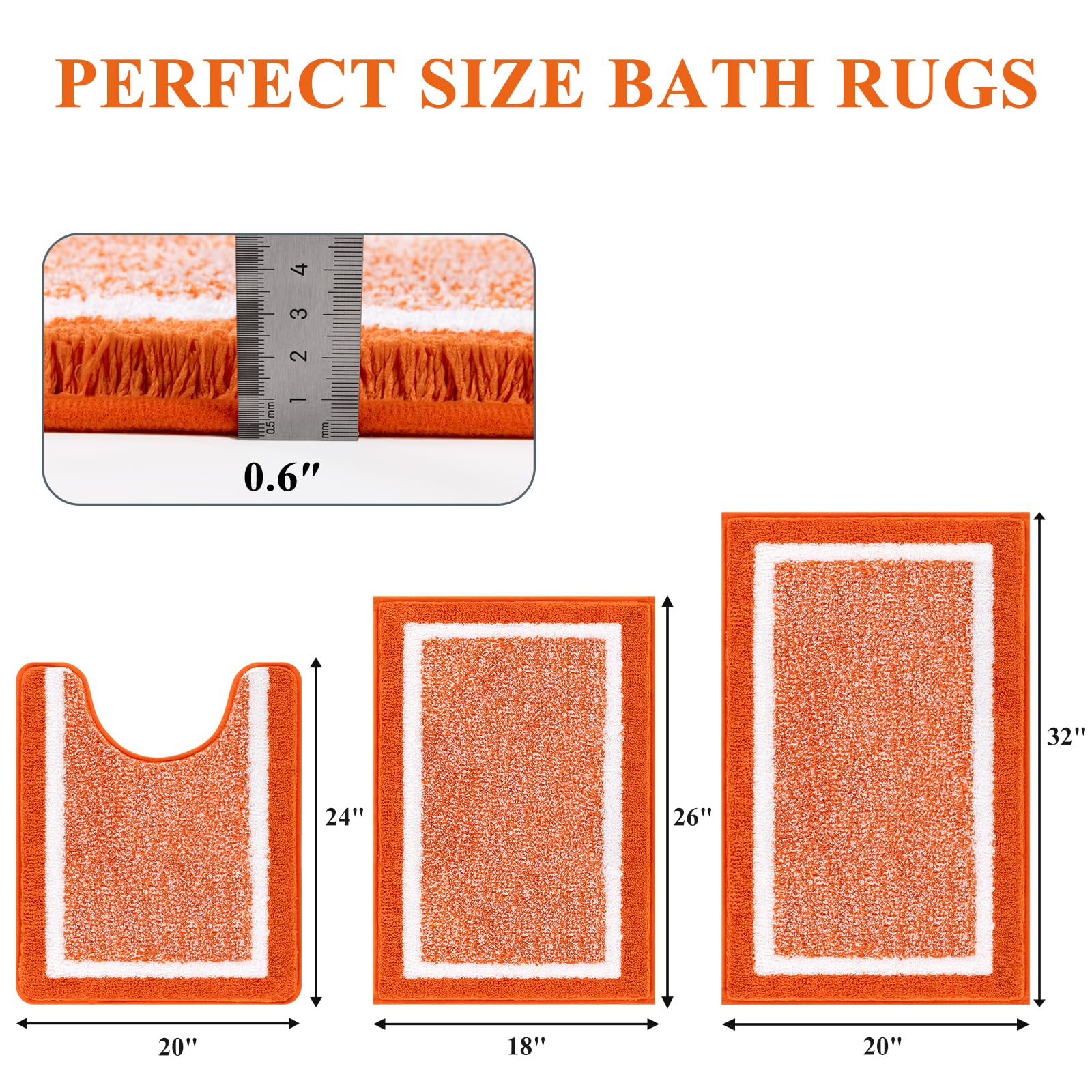 Pauwer Bathroom Rugs Sets 3 Piece Bathroom Shower Rugs with U-Shaped Contour Toilet Mat Absorbent Microfiber Plush Bath Mats Non Slip Bath Rugs Machine Washable Shaggy Bathroom Floor Mats  Orange