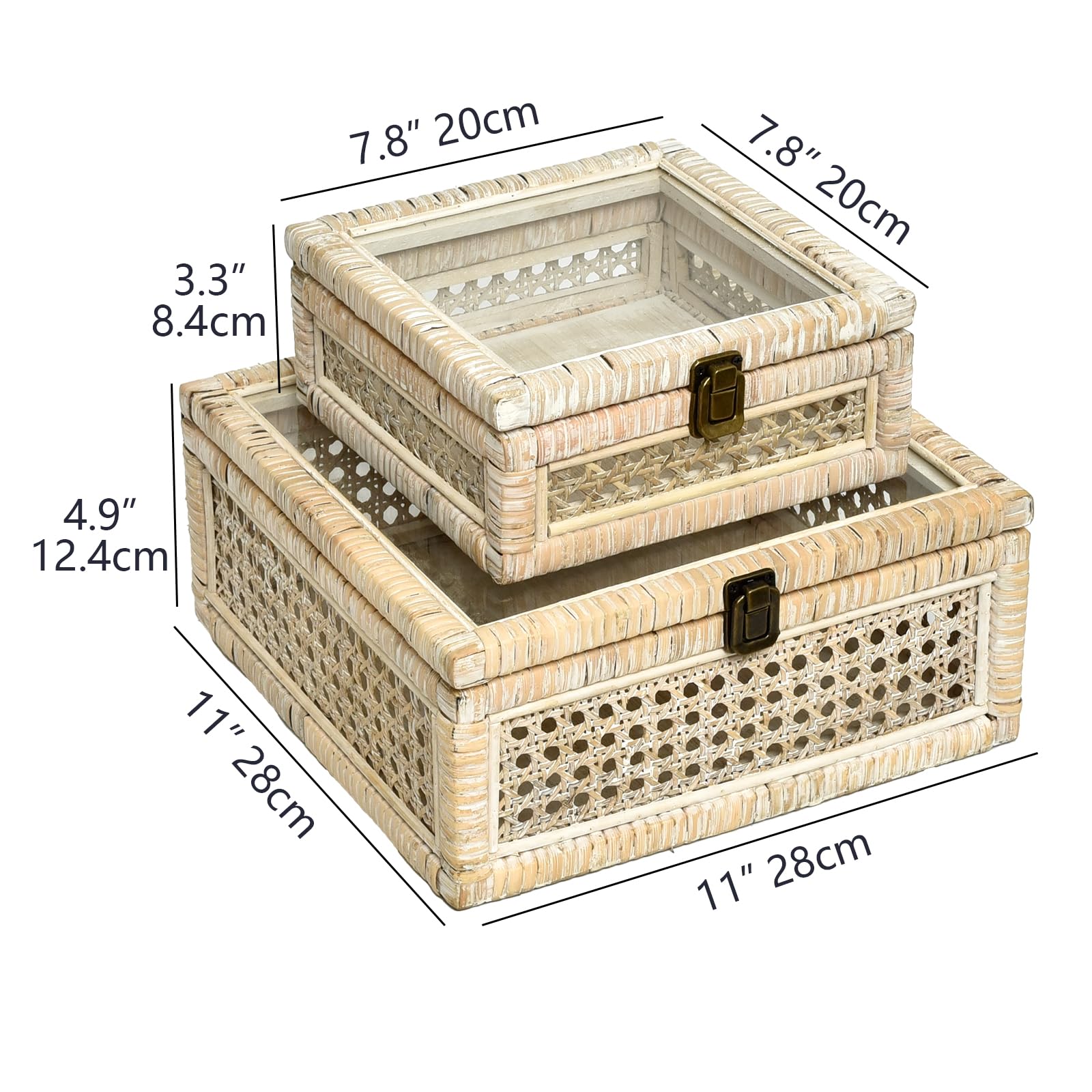 DECOR4SEASON Rattan and Cane Square Stacking Boxes with Glass Top Lid - Set of 2 for Boho, and Rustic Farmhouse D  cor, White Wa