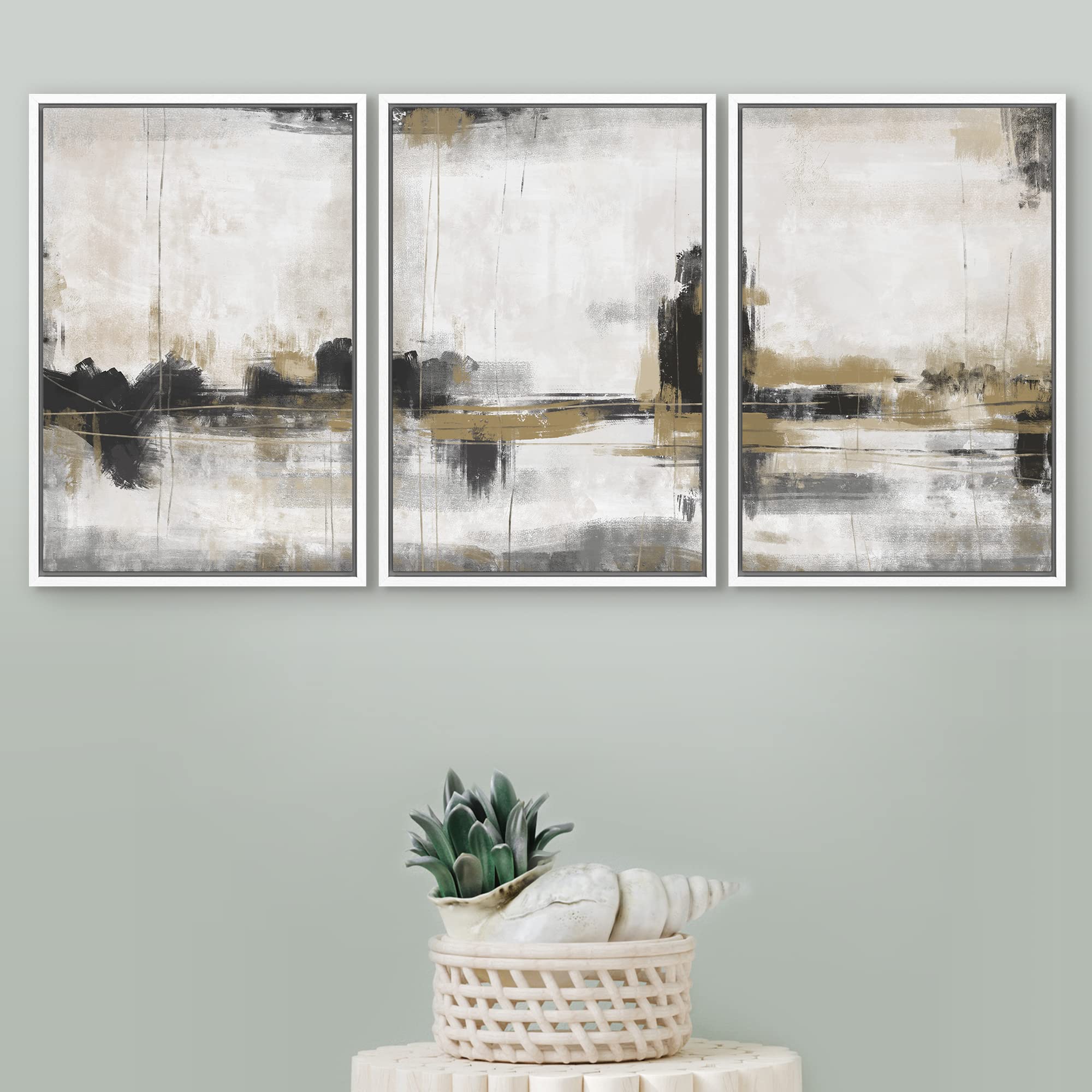 Signford Framed Canvas Print Wall Art Set Dark Pastel Grunge Paint Strokes Abstract Shapes Illustration Modern Art Decorative No