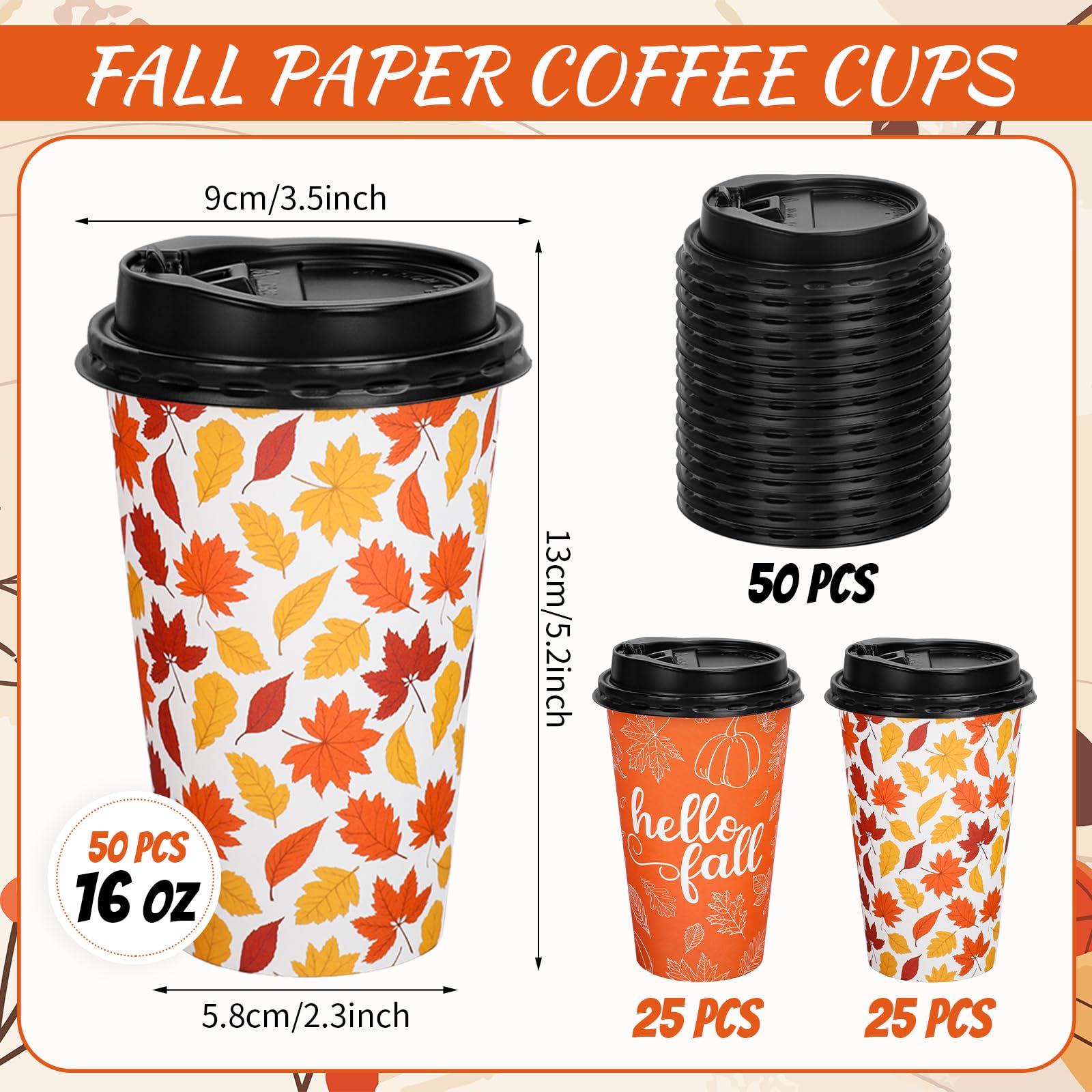 Whaline 50 Pcs Hello Fall Coffee Paper Cups Autumn Leaves Pumpkin 16oz Disposable Cups with Lids for Hot Cold Drinks Thanksgivin