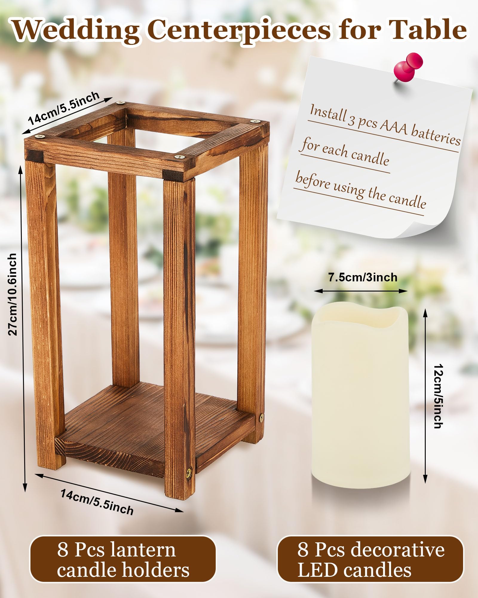 Huquary 16 Pcs Lantern Wedding Centerpieces Includes 8 Rustic Wooden Wedding Lantern Centerpiece for Decorative Candle and 8 Fla