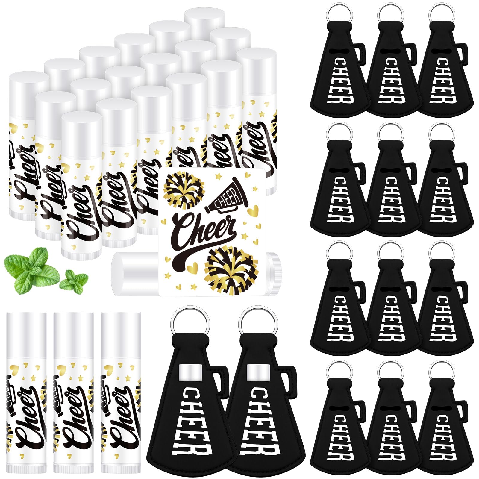 Swiffen 36 Pcs Cheerleading Gifts Bulk Cheer Team Gifts Lip Balm and Lipstick Holder Keychains Set Cheerleading Party Supplies f
