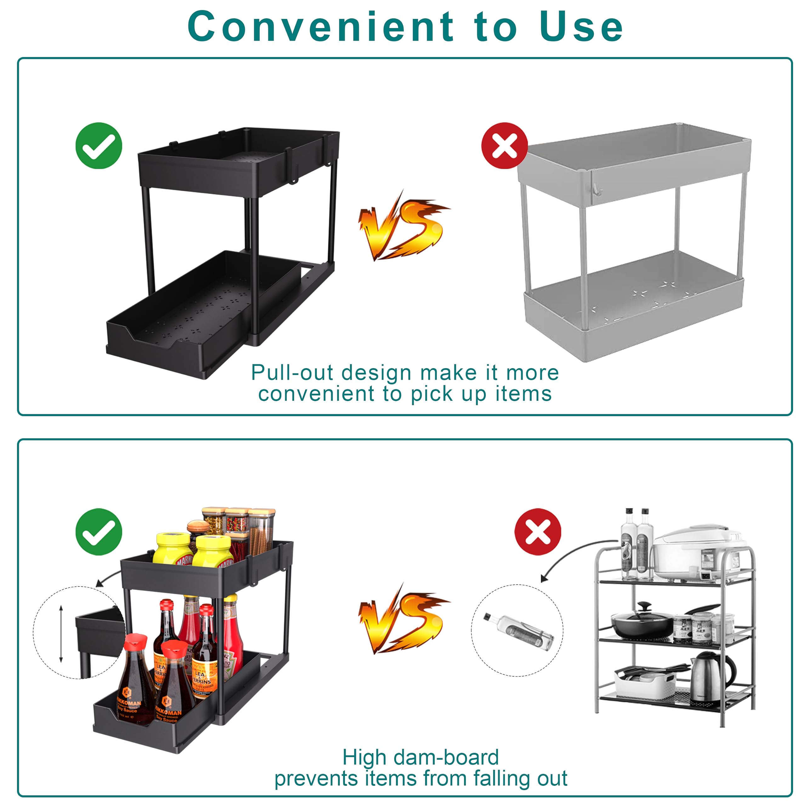 Petisal Under Sink Organizer -2 Pack|Pull Out Bathroom Organizer|2 Tier Slide Out Bathroom/Kitchen Organiers And Storage. (2 Pac