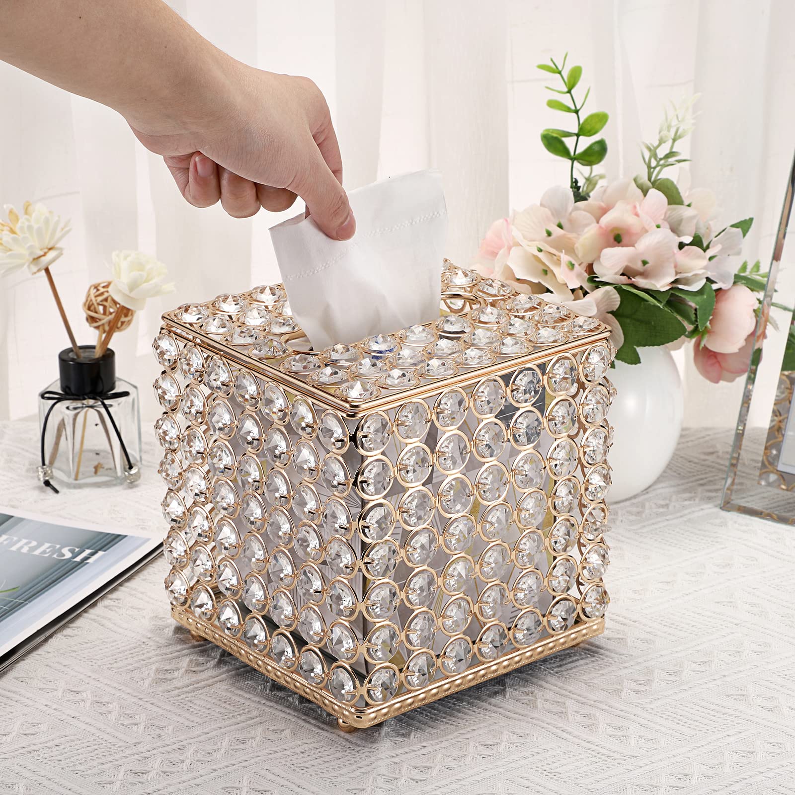 Sumnacon Crystal Square Tissue Box Cover - Sparkling Glass Cube Tissue Box Holder, Decorative Facial Tissue Holder For Bedroom B