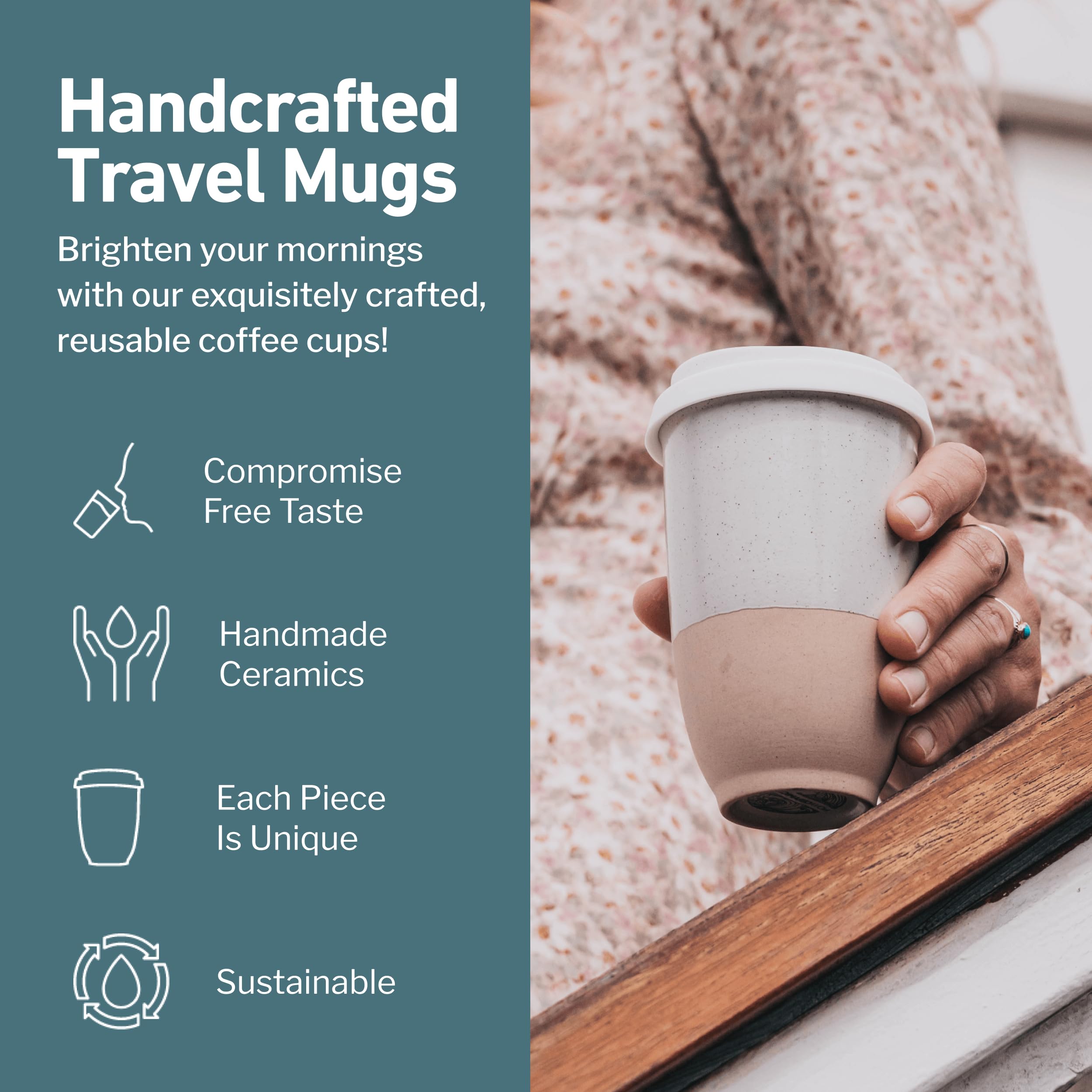 NOVA CERAMICS Travel Mugs - Reusable Coffee Cup - Cute Coffee Mugs Travel Coffee Tumbler - Microwave & Dishwasher Safe To Go Cof