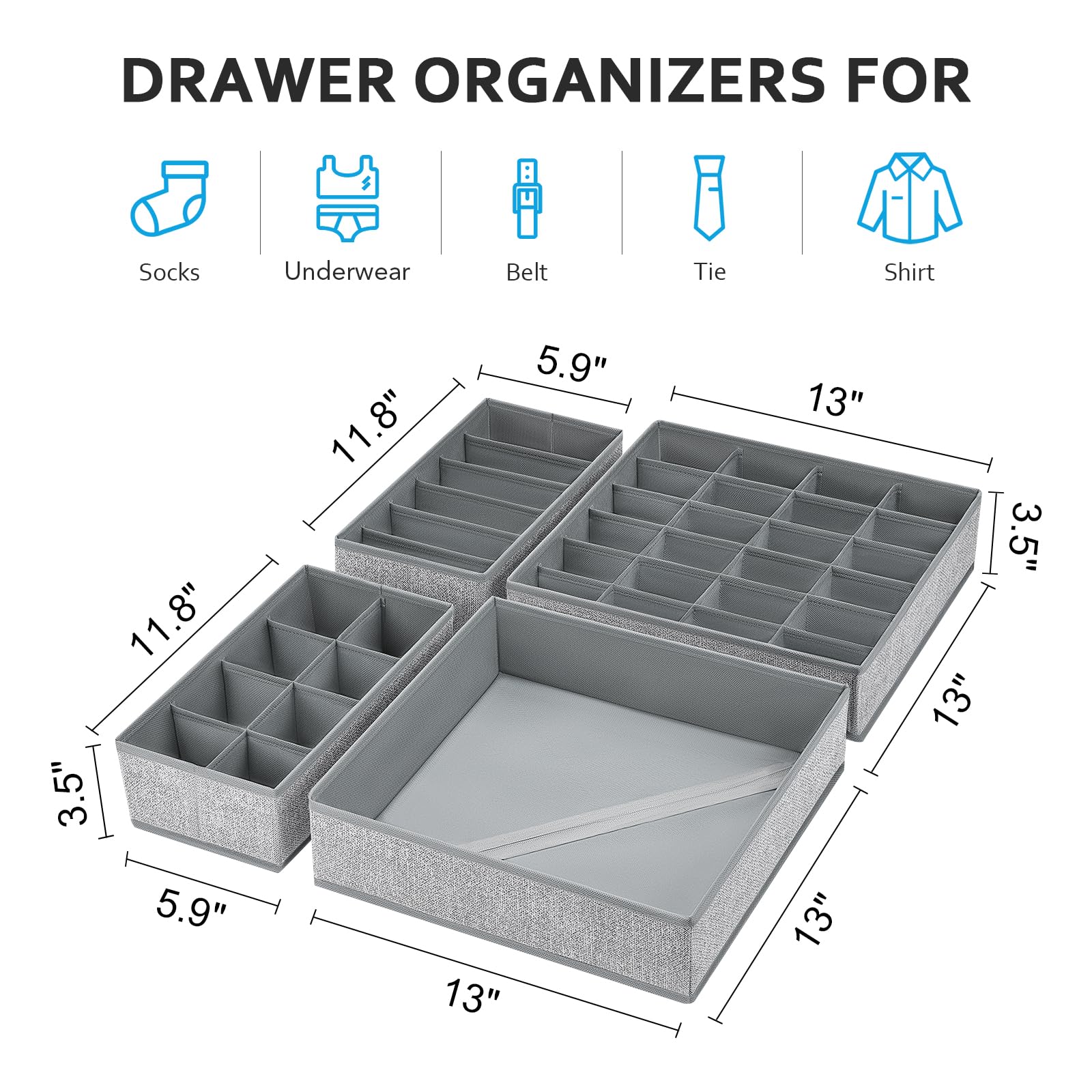 Easortm Sock Drawer Organizer Divider, Underwear Dresser Organizer, Large Bra Organizer for Drawer, Foldable Clothing Drawer Org