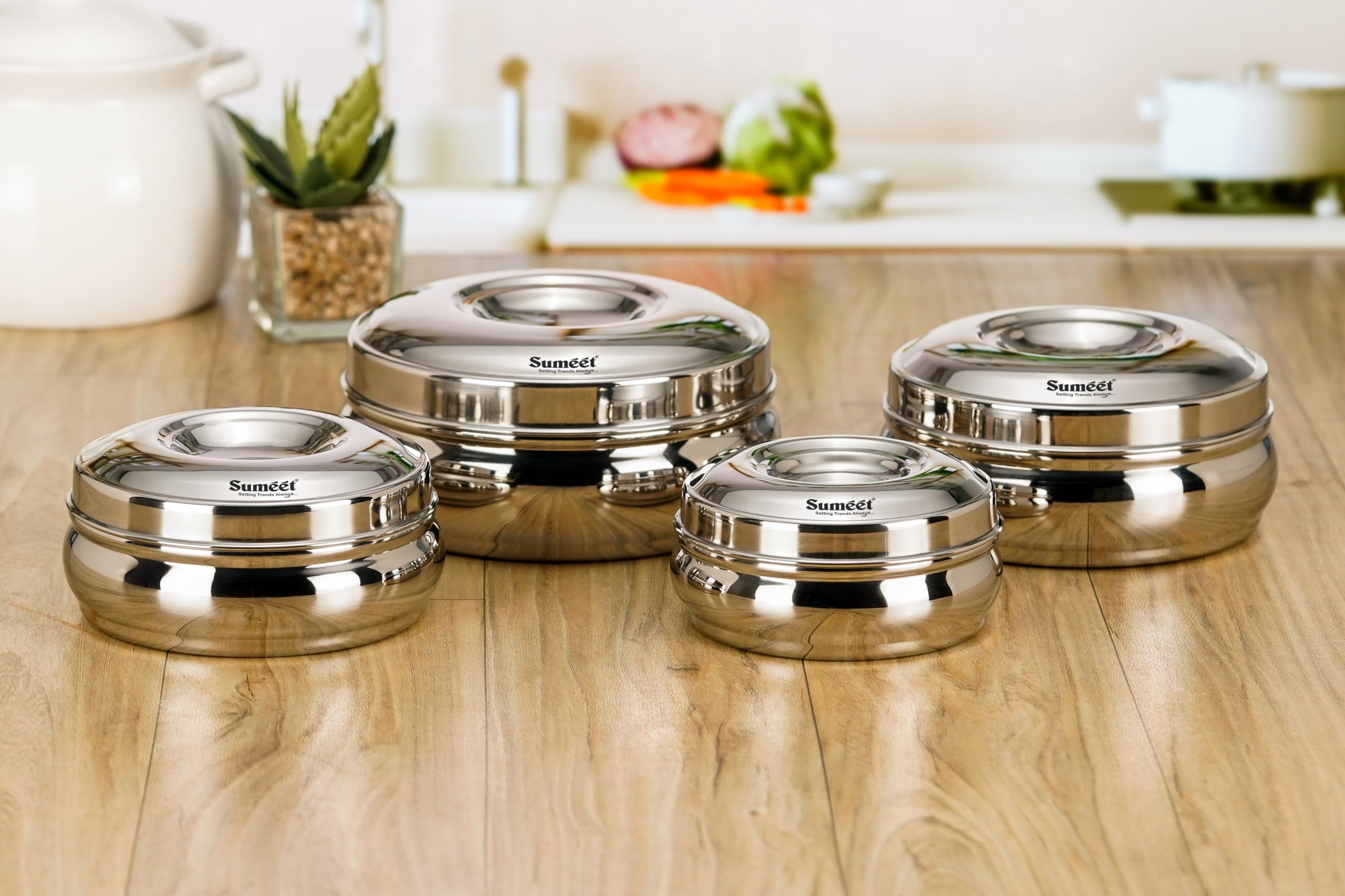 Sumeet Stainless Steel Round Shape Canisters Puri Dabba Storage Containers for Kitchen  9.7cm  11.2cm  12.5cm & 14cm Dia  300ml  500ml  700ml & 850ml  Pack of 4  Silver