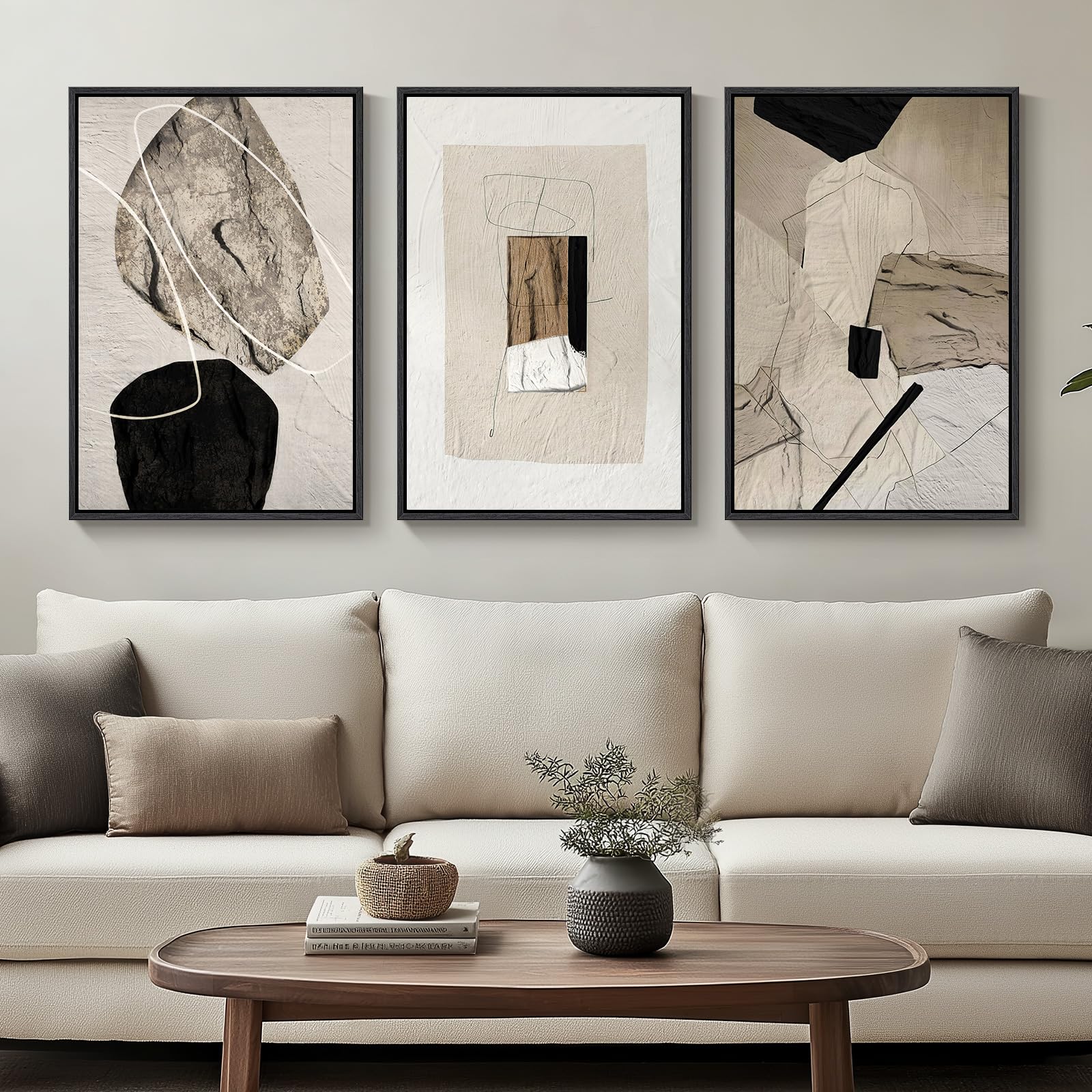 Framed Abstract Neutral Wall Art, Large 3 Piece Black And Beige Canvas Artwork Contemporary Wabi-Sabi Painting Geometric Picture