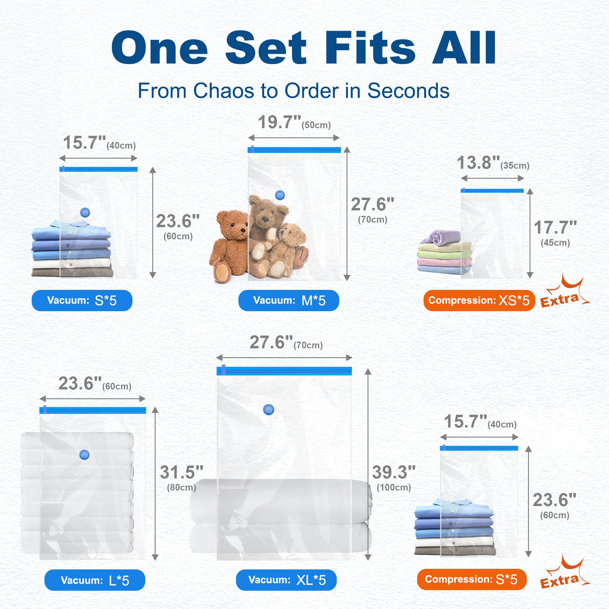 HOUSE DAY 30 Pack Vacuum Storage Bags with Electric Pump, 4 Sizes + 2 Roll-Up (5 Each), Space Saver Vacuum Seal Bags for Clothin