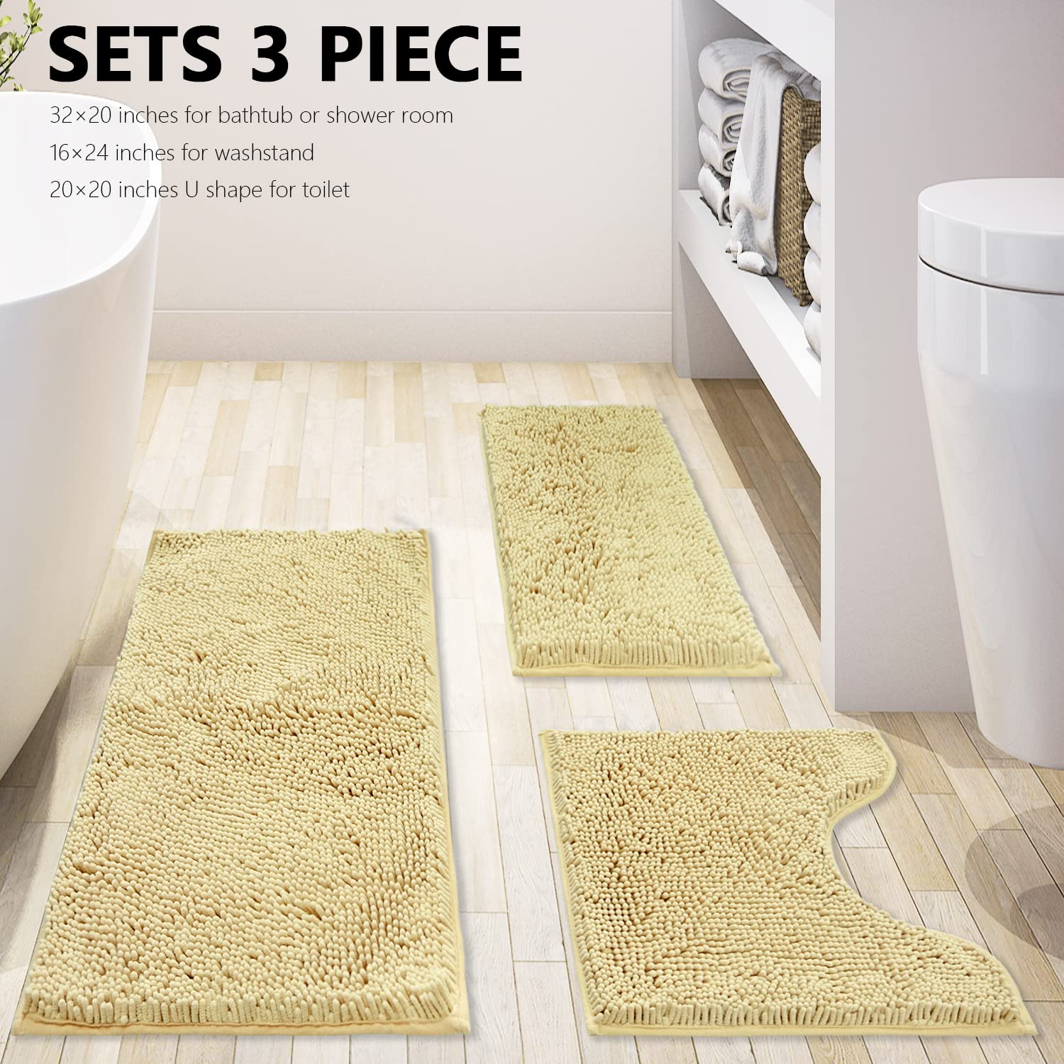 Bath Rugs Chenille 3-Piece Extra Soft and Absorbent Shag Beige Bathroom Rugs  Machine Wash Mat  Strong PVC Non-Slip Underside  Plush Carpet Mats (Camel)