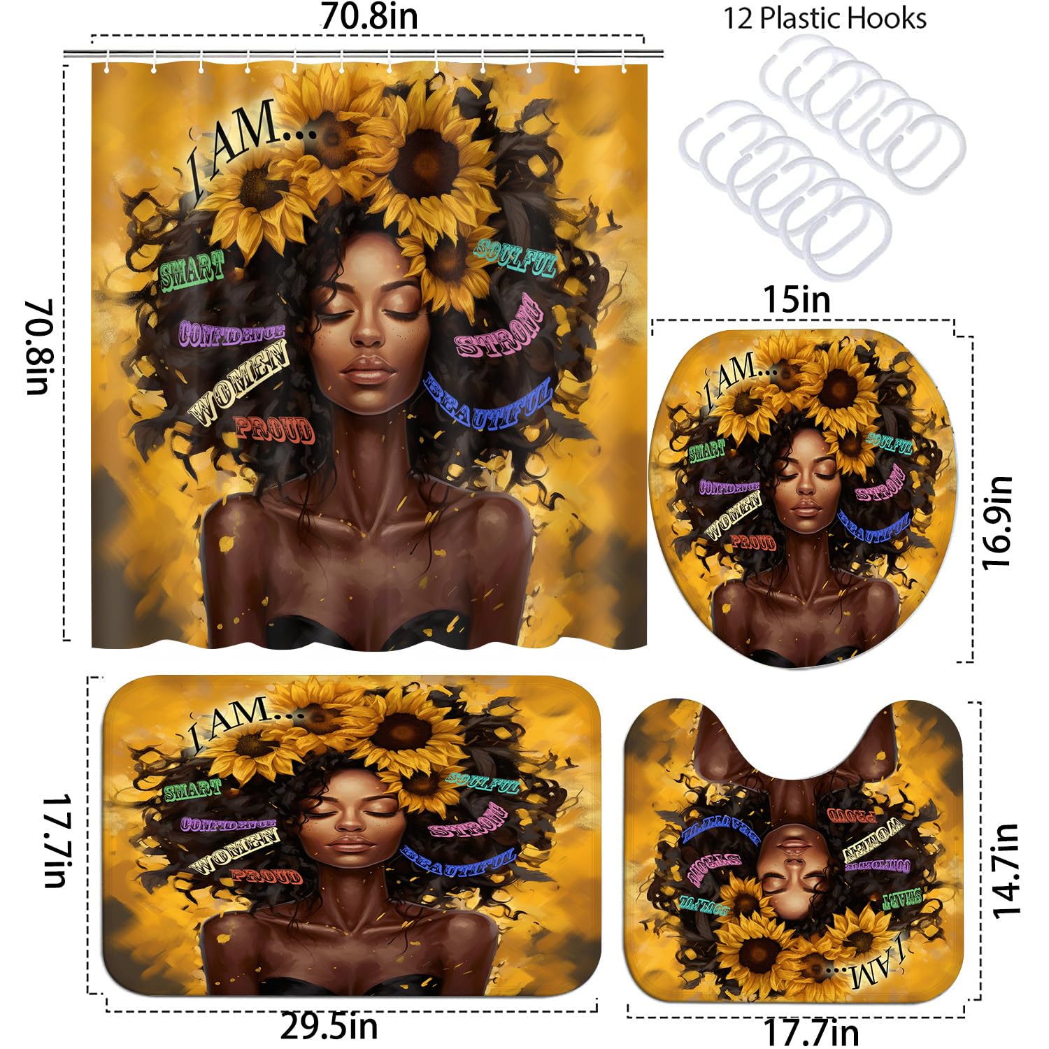 4 Pcs Sunflower Black Girl Shower Curtain Sets, Inspirational Words African Queen Bathroom Sets With Shower Curtain And Rugs Toi