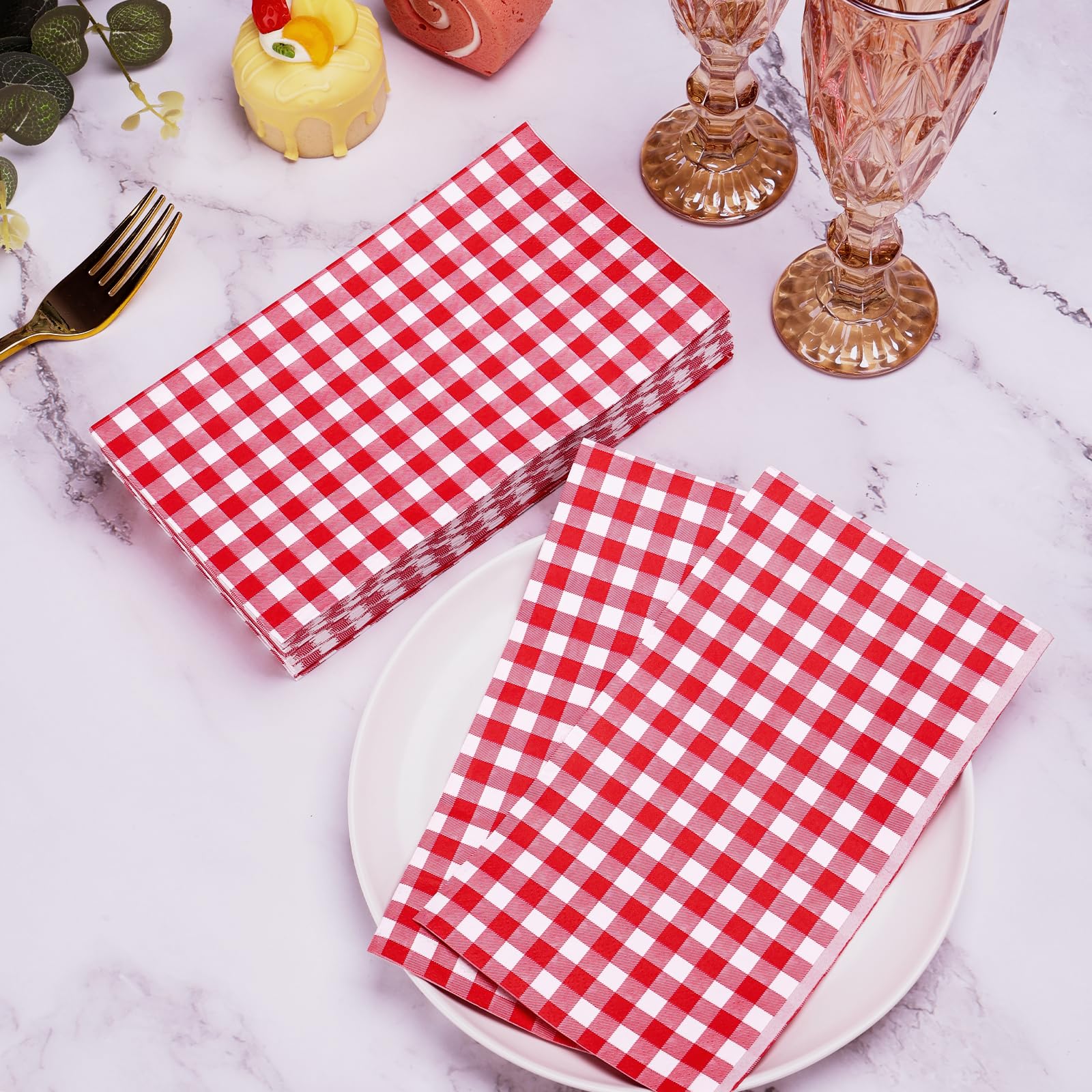 100 Pcs Red Gingham Napkins Disposable - Red And White Checkered Paper Napkins Red Dinner Napkins For Picnic Bathroom Birthday W