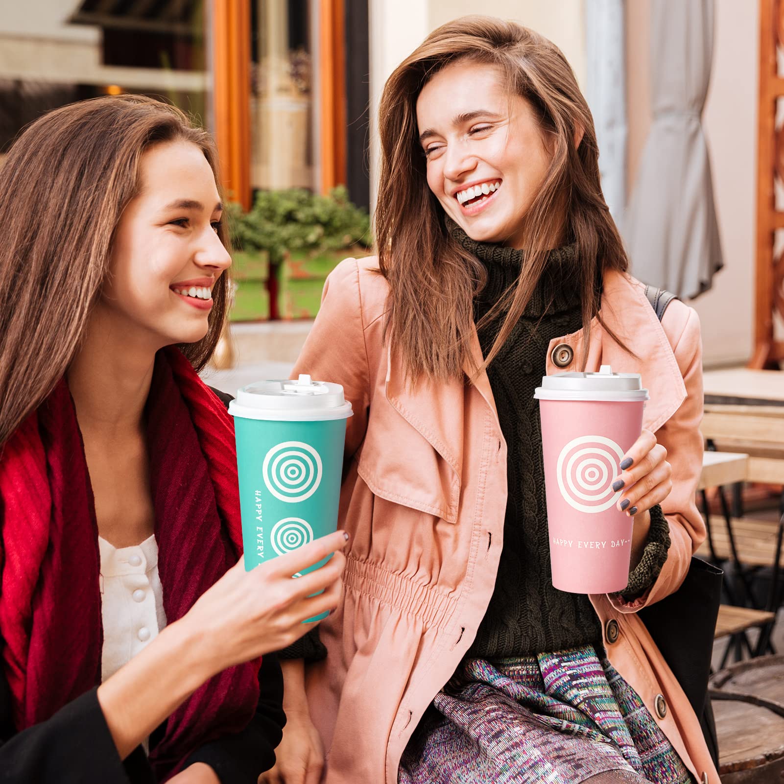 JollyPack 20 oz Paper Cups  100 Pack Disposable Coffee Cups with Lids and Stirrers  Hot Paper Cups for Cold/Hot Coffee  Juice  Tea. To Go Coffee Cups for Home  Store and Cafe (Pink and Green)