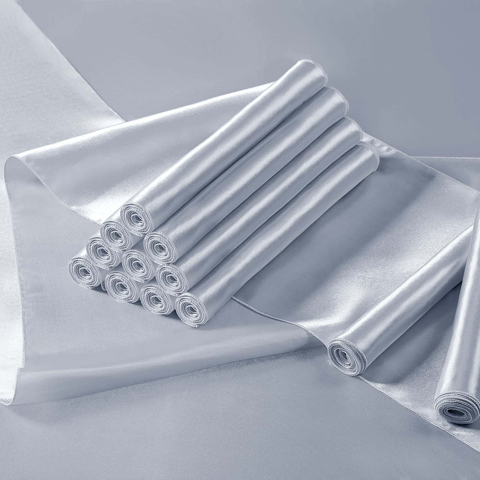 Manyshofu 4Pcs Satin Grey Table Runner - 12 x 72 Inch Long Size  Party Table Runner Decor Bright & Smooth Wedding Decorations Table Runner for Banquet Chef Birthday Buffet Dinner Graduations