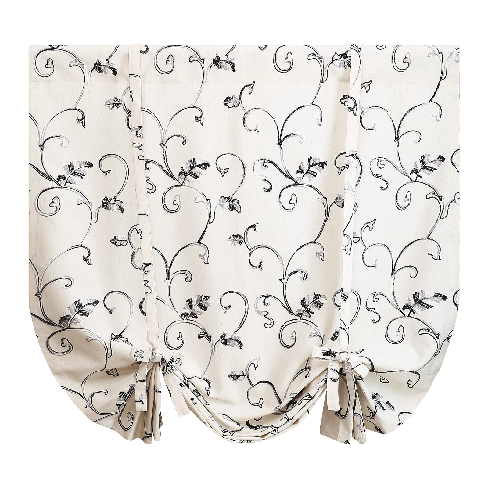 VOGOL Tie Up Curtains for Windows, Gray Vines Embroidered Balloon Shades Rod Pocket Adjustable Window Treatment for Nursery Kitc