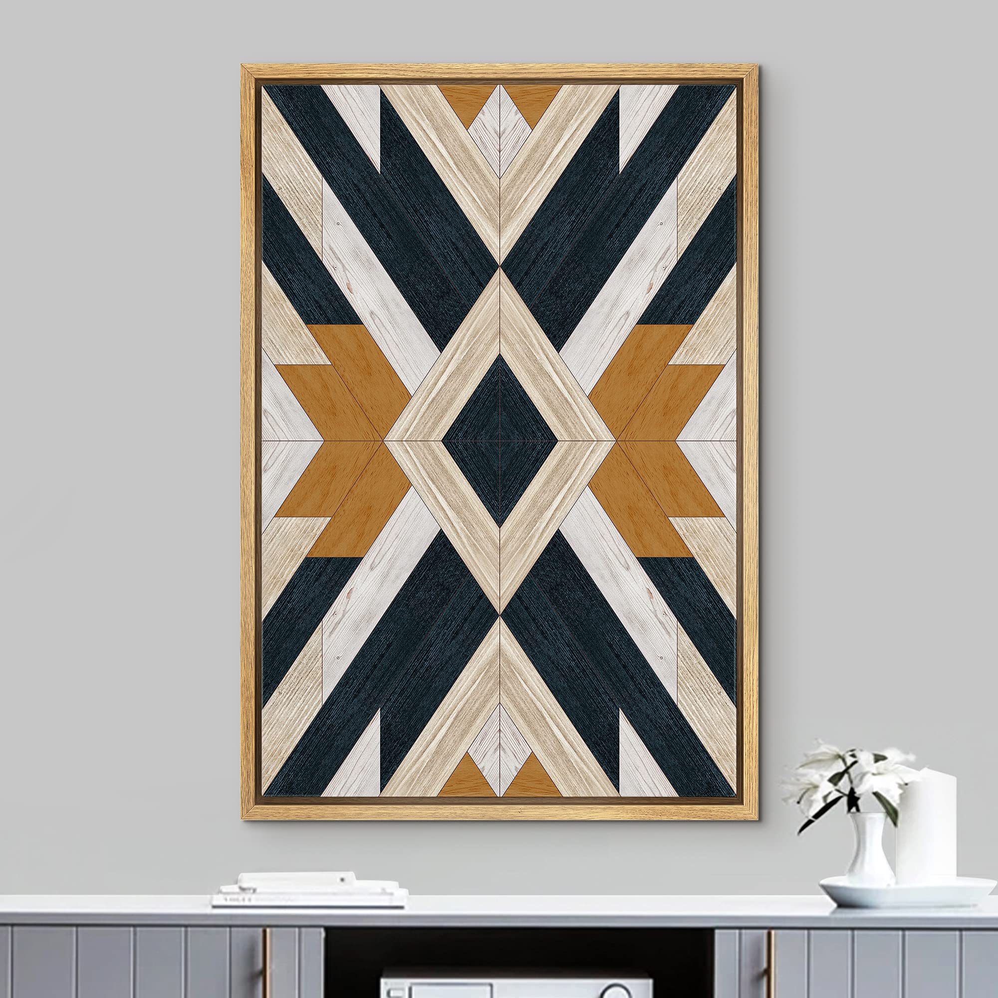 Idea4Wall Framed Canvas Print Wall Art Western Decor Black, White & Brown Diamond Insignia Abstract Shapes Wood Panels Modern Ar