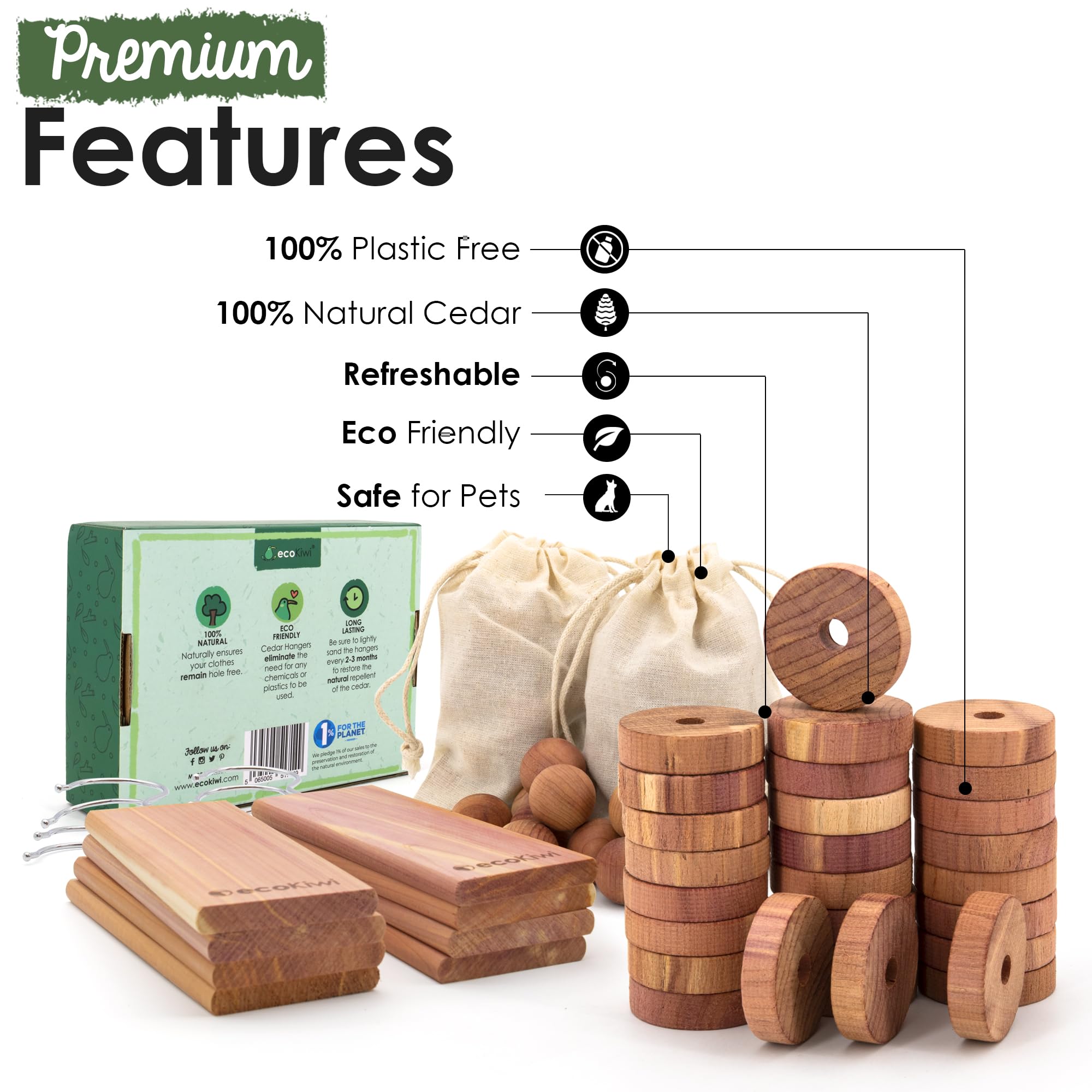 Ecokiwi Cedar Blocks For Clothes Storage Super Bundle Box - Cedar Hangers X10, Balls X30 & Rings X28-100% Natural Oil Planks & C