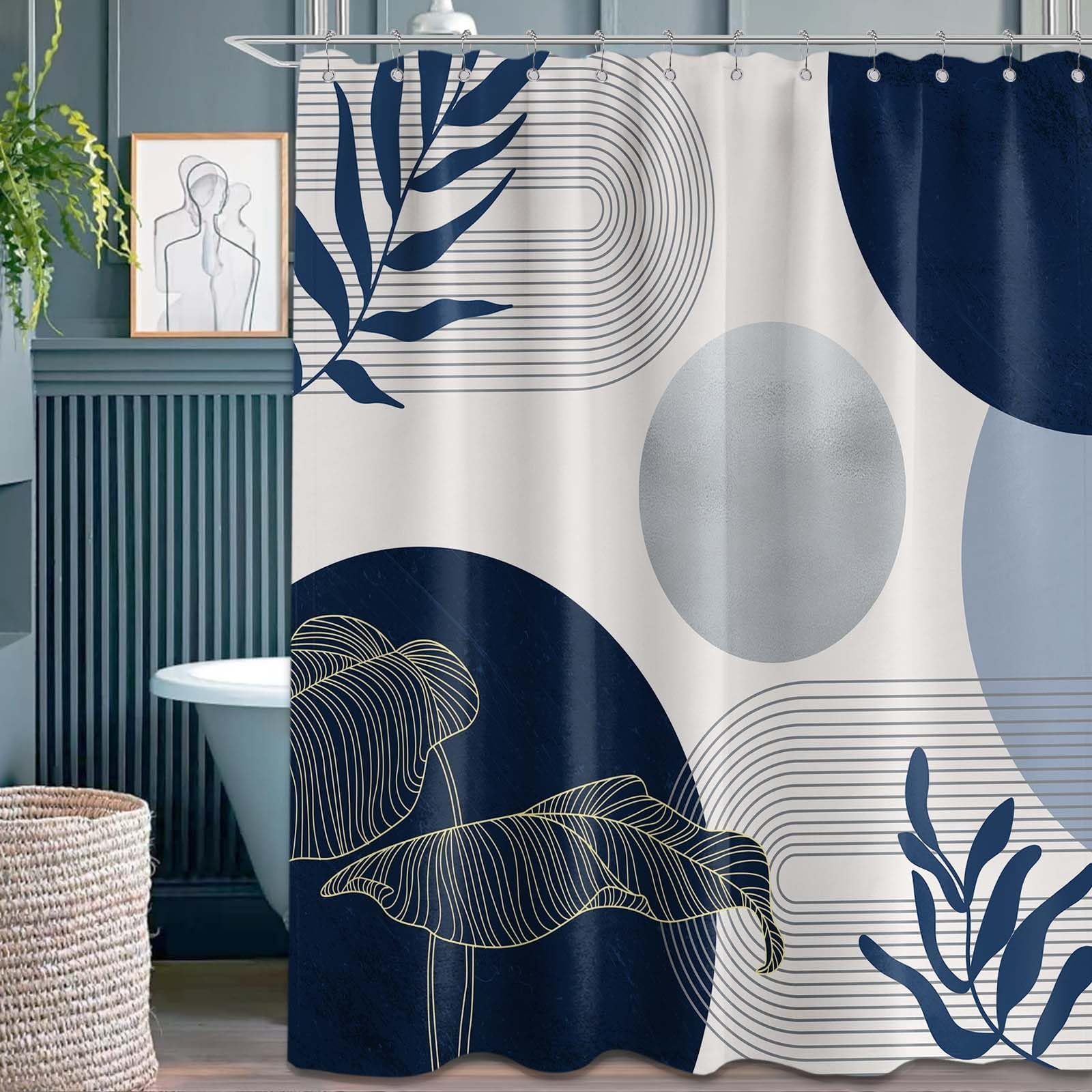 Keeuy Navy Blue Shower Curtain Mid Century Modern Dark Blue Boho Shower Curtains For Bathroom Decor Mcm Mens Cool Bath Curtain S