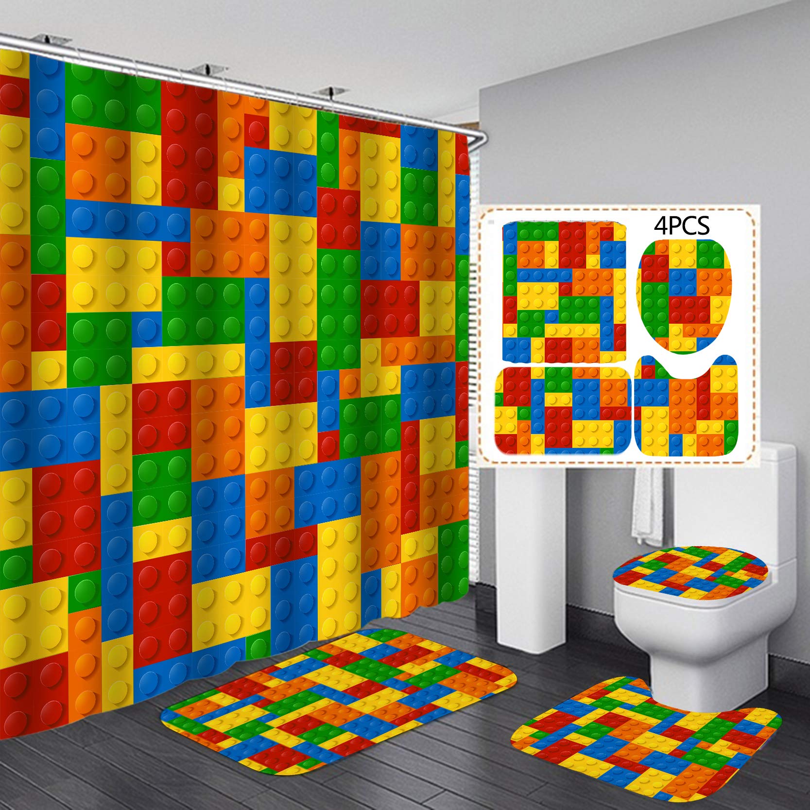 Faitove 4Pcs Kids Funny Blocks Shower Curtain Sets With Rugs, Toilet Lid Cover And Bath Mat, Colorful Shower Curtain Cloth Water