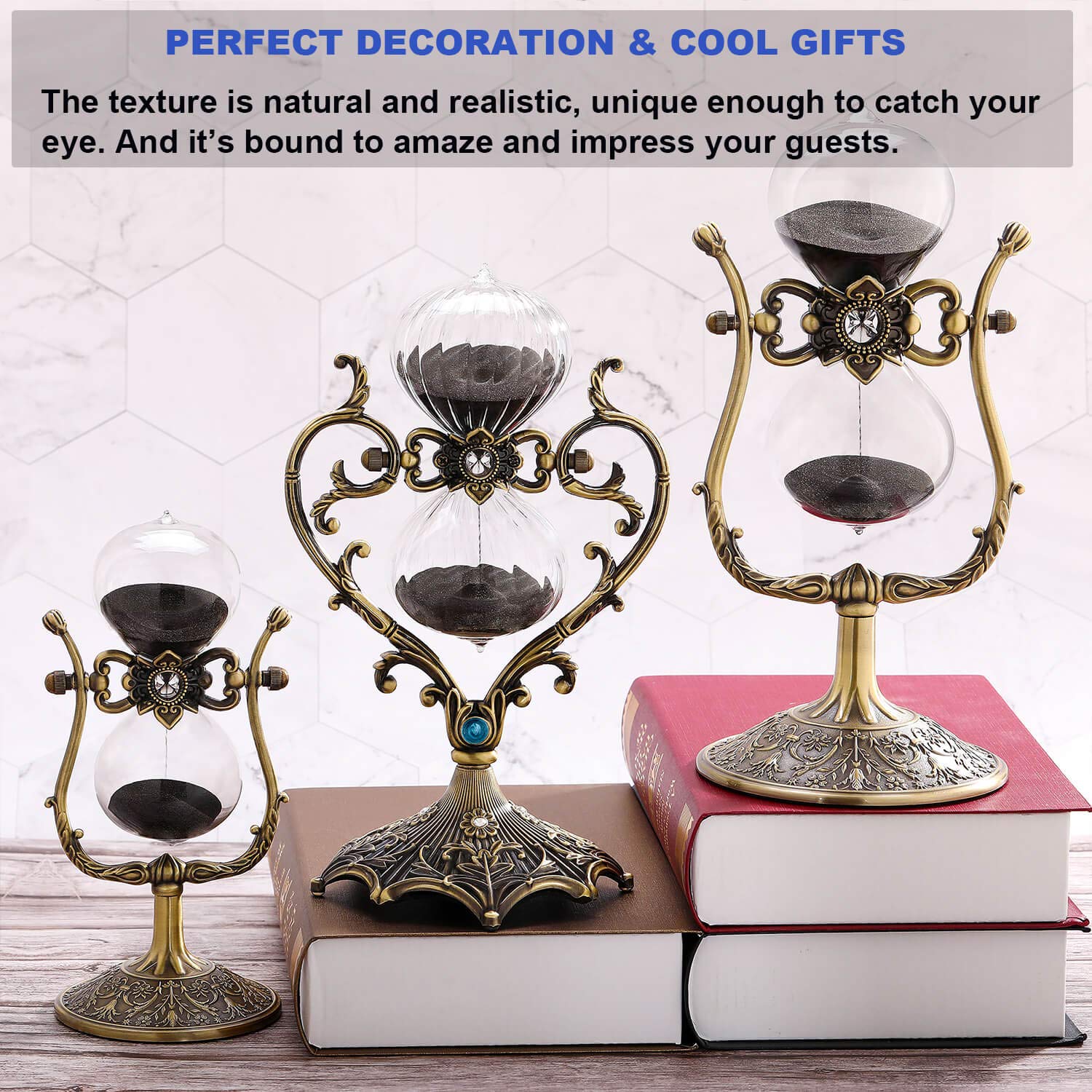 Suliao 60 Minute Hourglass Sand Timer, Vintage Engraved Brass Black Sand Clock, Unique Rotating Sand Watch 60 Min, Antique Large