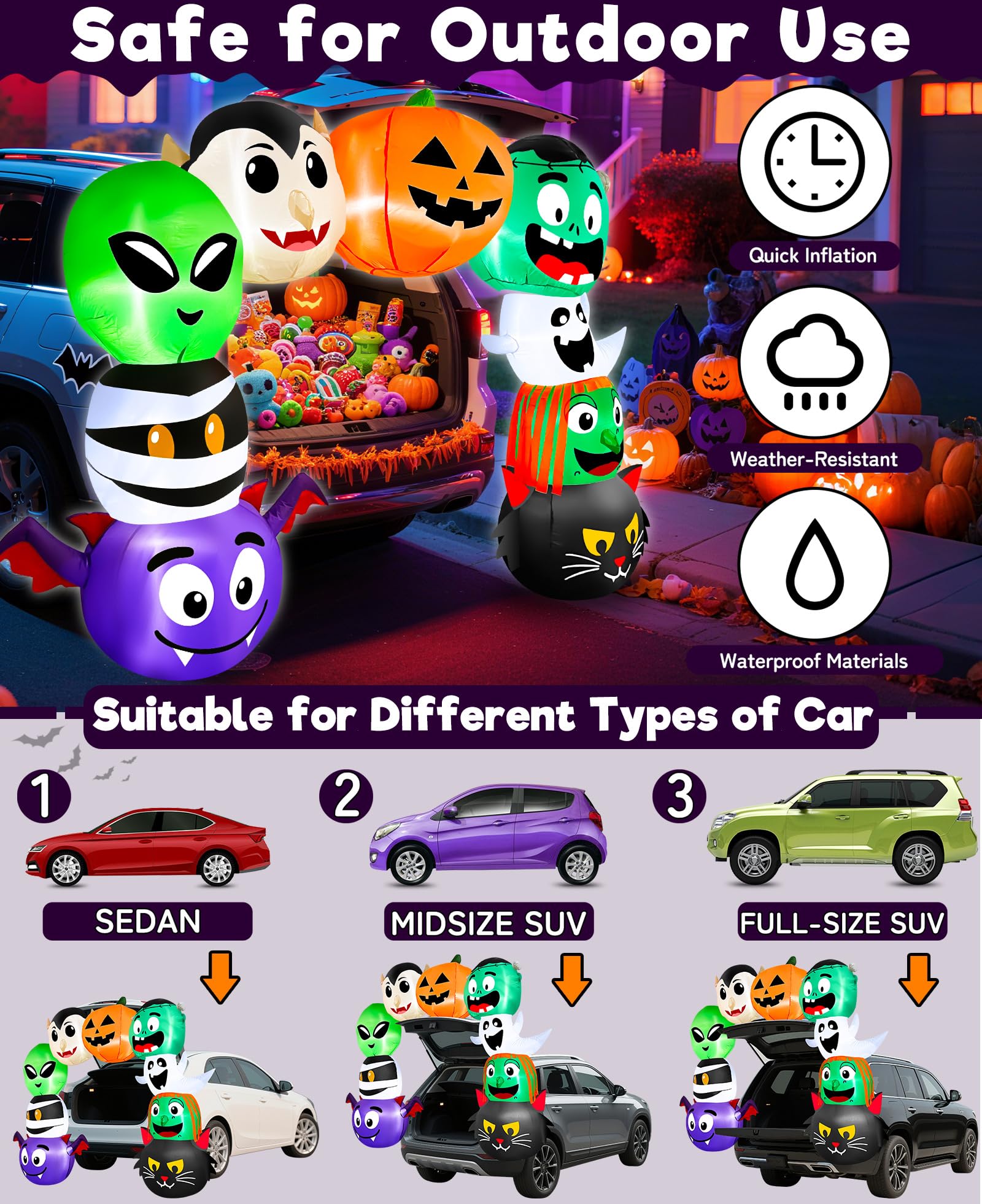 6 FT Halloween Inflatable Trunk or Treat Car Decorations, Blow-Up Car Decoration Arch Stacked with Ghost, Jack-O -Pumpkin, Mummy