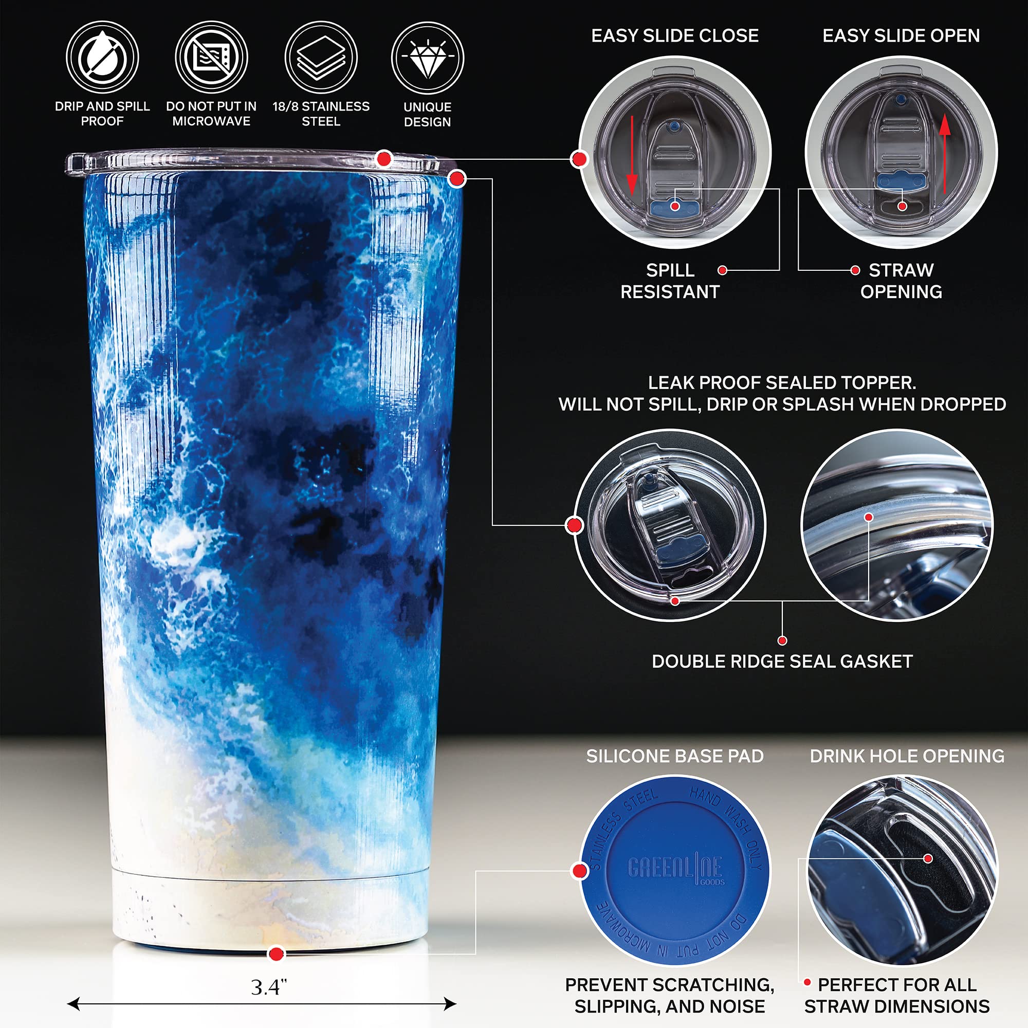 Greenline Goods Ocean Insulated Coffee Tumbler - 20 Oz Metal Drink Cup With Slide Top Lid - Non Slip Silicone Base - Boho Stainl