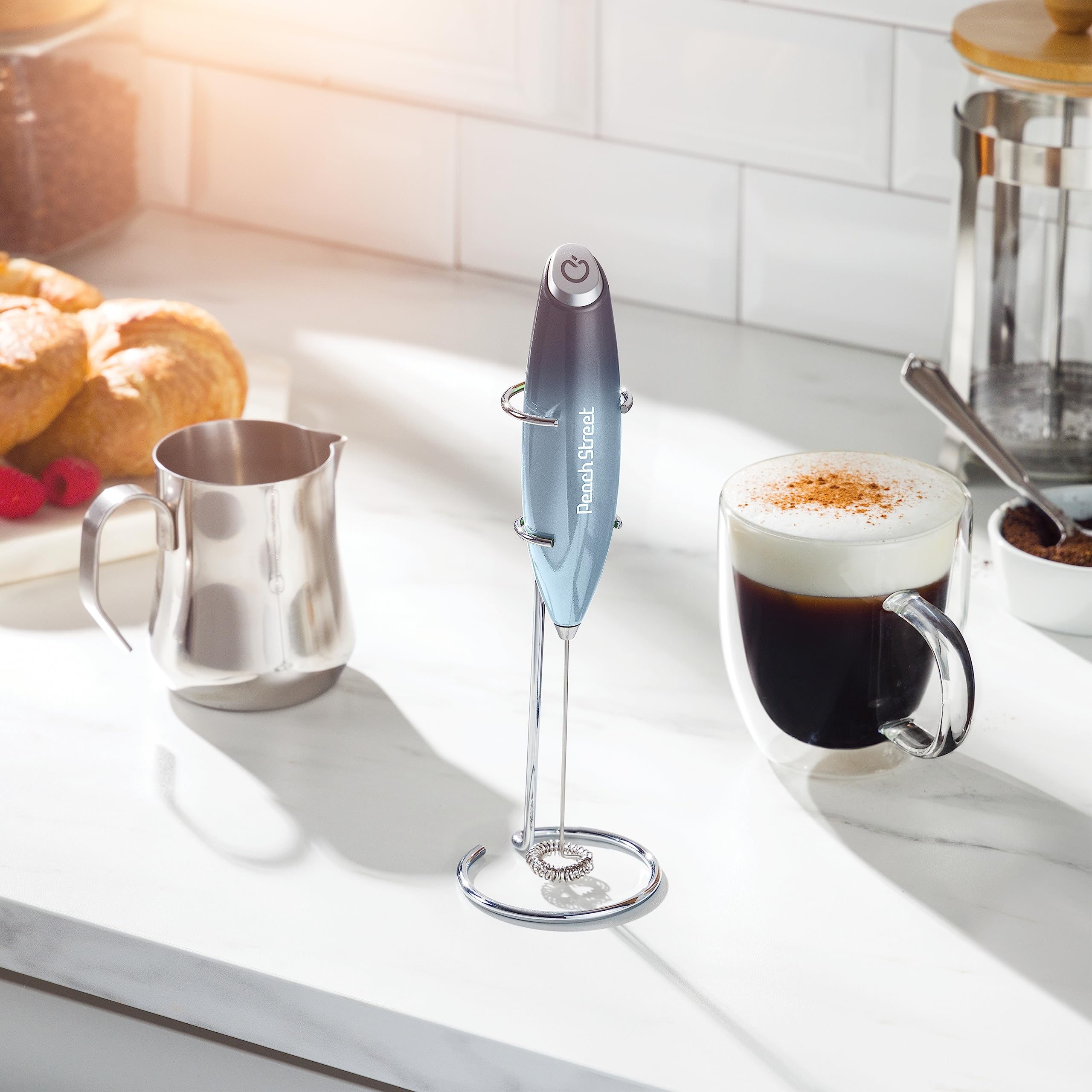 Powerful Handheld Milk Frother  Mini Milk Foamer  Battery Operated (Not included) Stainless Steel Drink Mixer with Frother Stand (Dark Sky)