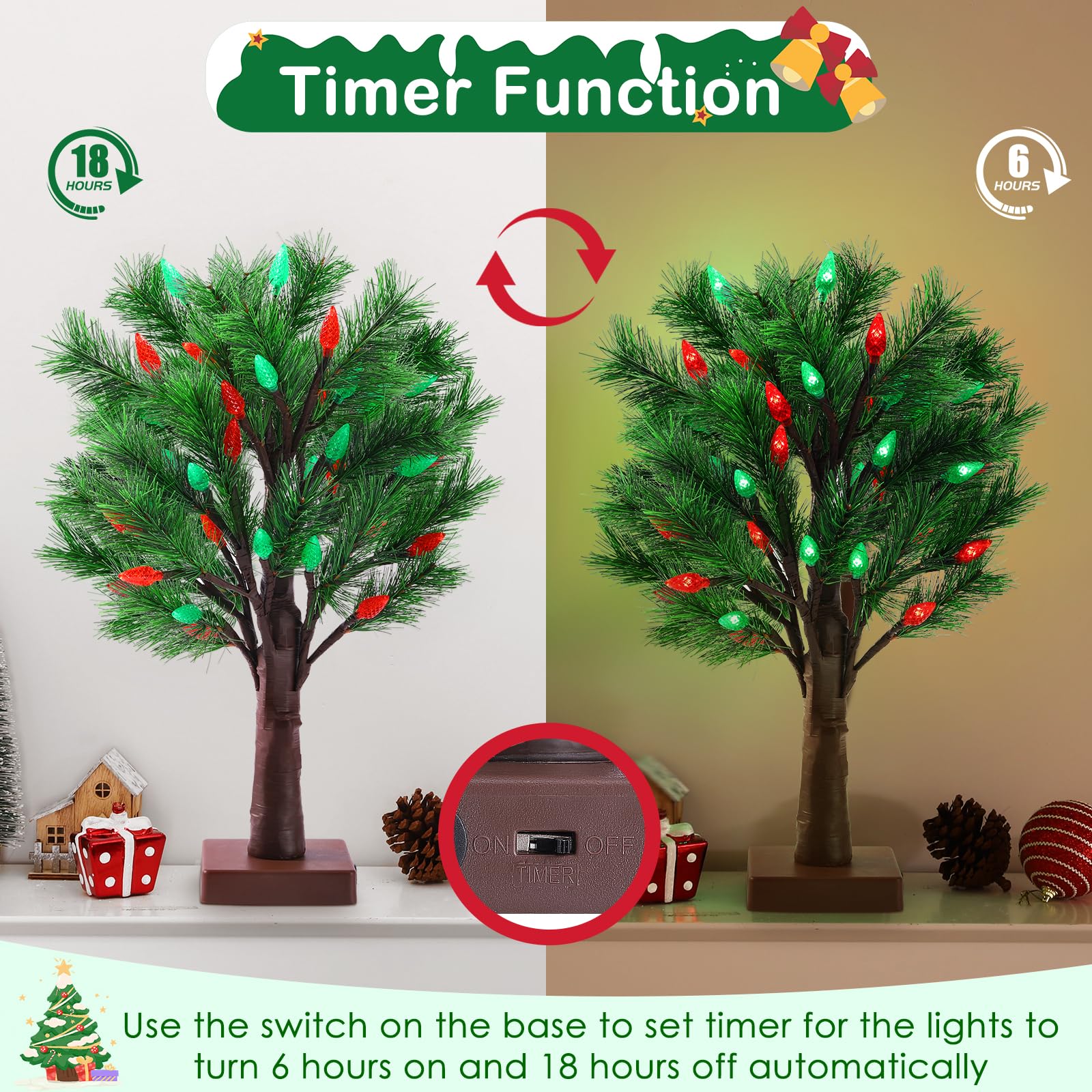 2 Pack Christmas Decorations Indoor Artificial Lighted Christmas Tree with C6 Strawberry,Total 48 LED Battery/USB Operated Pine