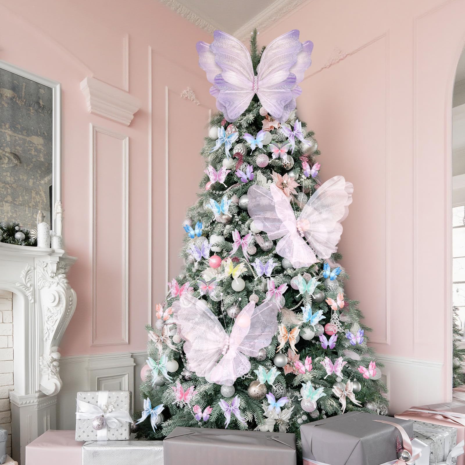 Suncalla 49 Pcs Christmas Tree Butterfly Ornaments Decoration 3D Pink Purple Jumbo Butterfly Tree Topper Girly Fairy Butterflies