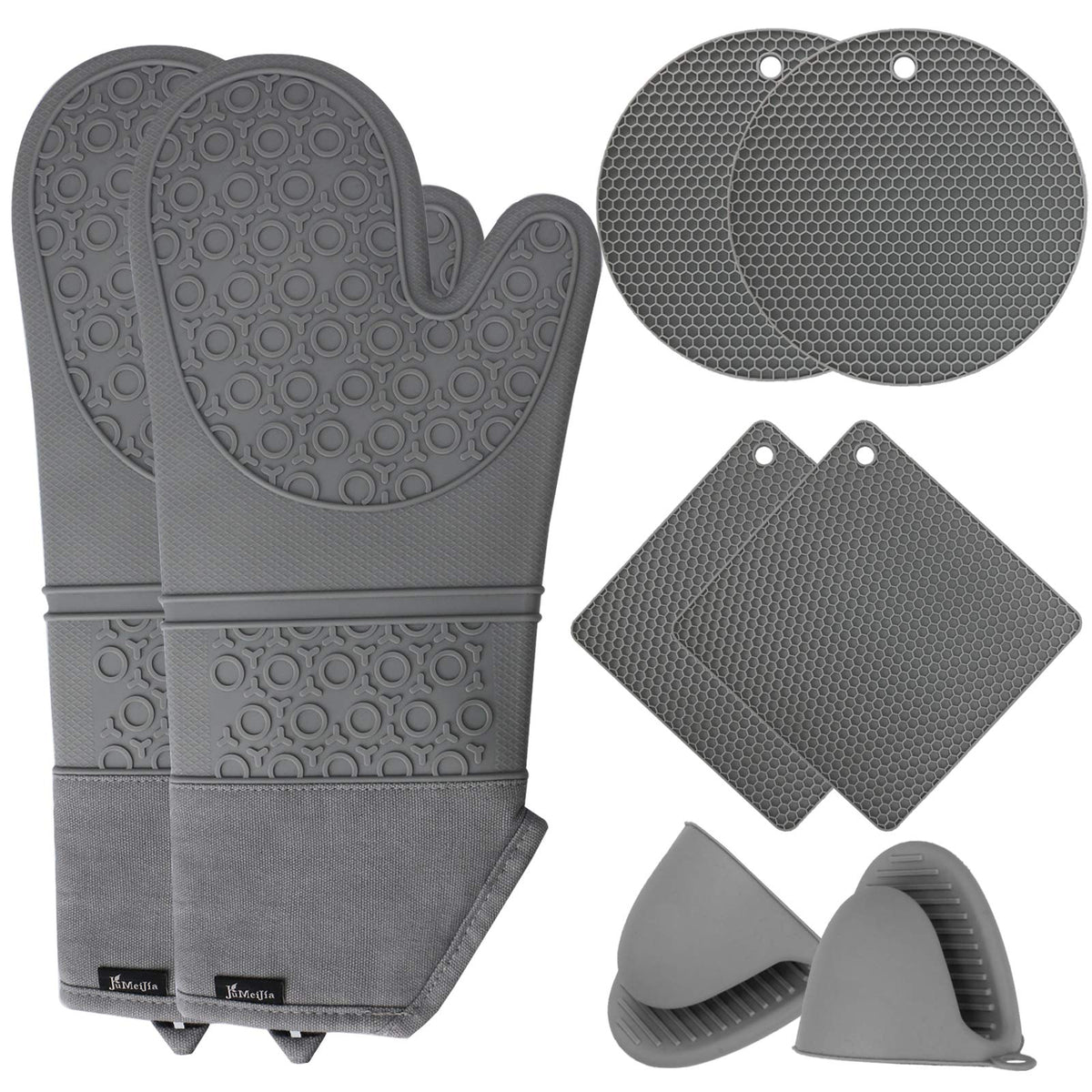 Jumeijia Oven Mitts And Hot Pads Sets, 8Pcs Extra Long Silicone Oven Gloves With Non-Slip Heat Resistant Hot Trivet Mats And Coo