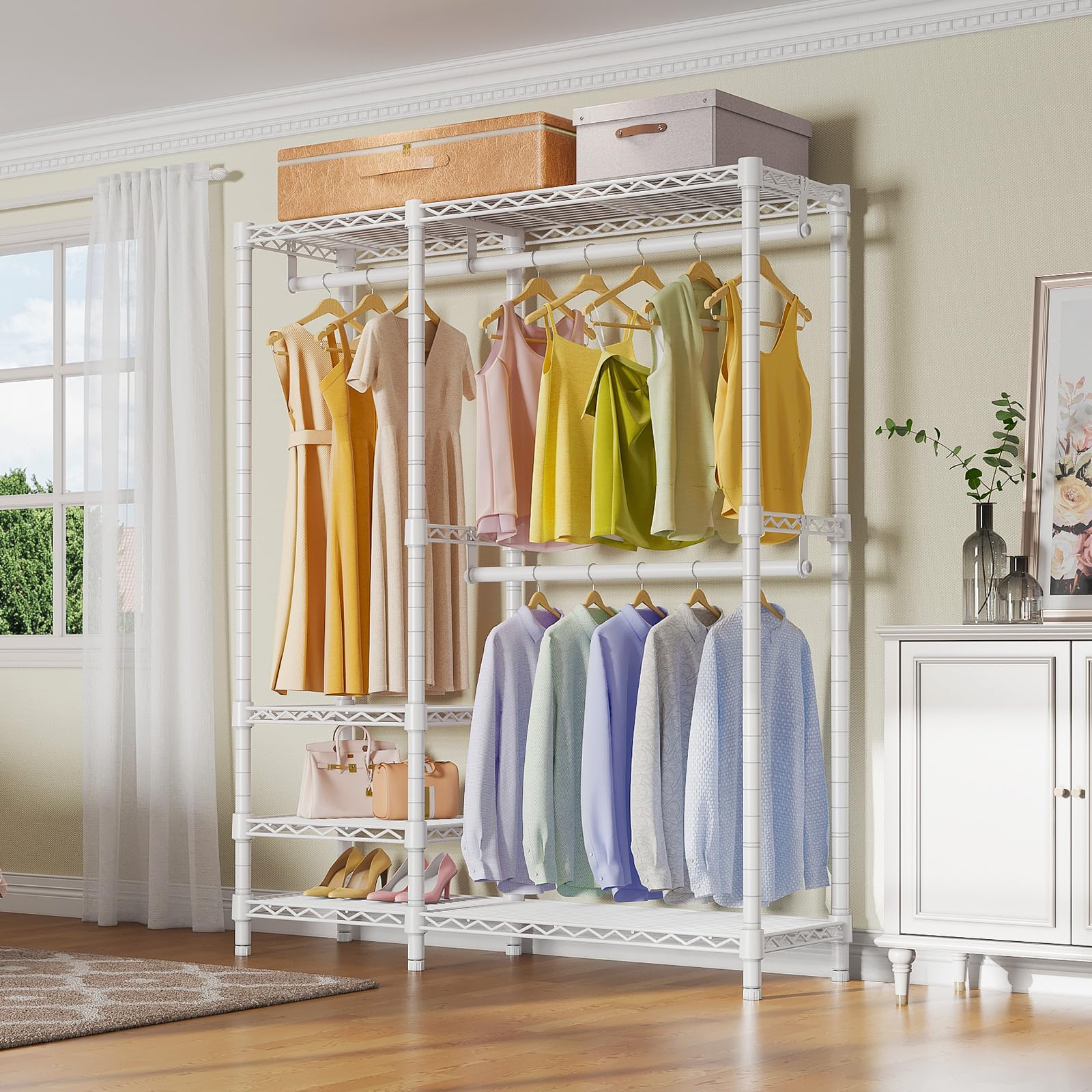 Vipek V2I Garment Rack For Hanging Clothes, Portable Closet System With 4 Adjustable Shelves & 2 Hanging Rods, Heavy Duty Metal