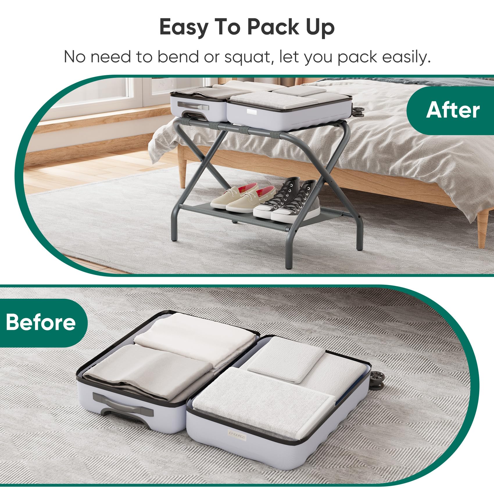 Smuxee Copper Luggage Rack, Foldable Suitcase Stand With Fabric Storage Shelf, Luggage Holder With 4 Nylon Straps For Guest Room