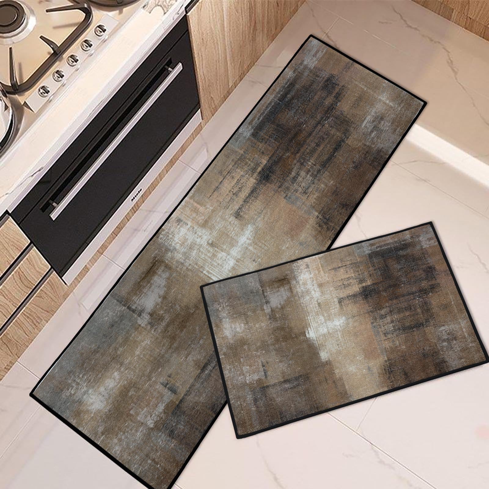 Tayney Brown Kitchen Rugs And Mats Non Skid Washable Set Of 2, Modern Abstract Mats For Floor, Contemporary Runner Rug Vintage P