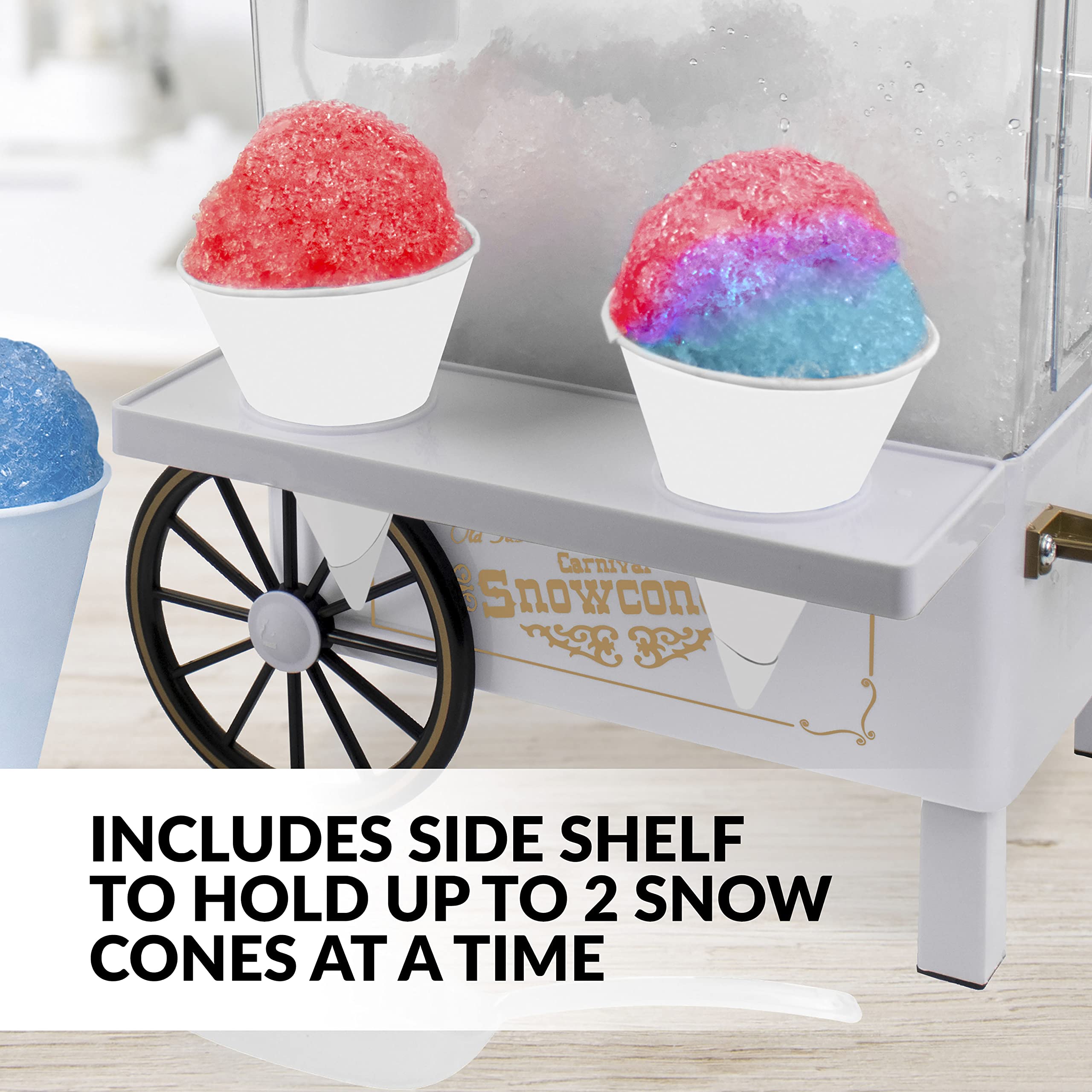 Nostalgia Vintage Countertop Snow Cone Machine - Slushie Machine - Shaved Ice Machine and Crushed Ice Maker - Makes 20 Icy Treats  Includes 2 Reusable Plastic Cups & Ice Scoop - White
