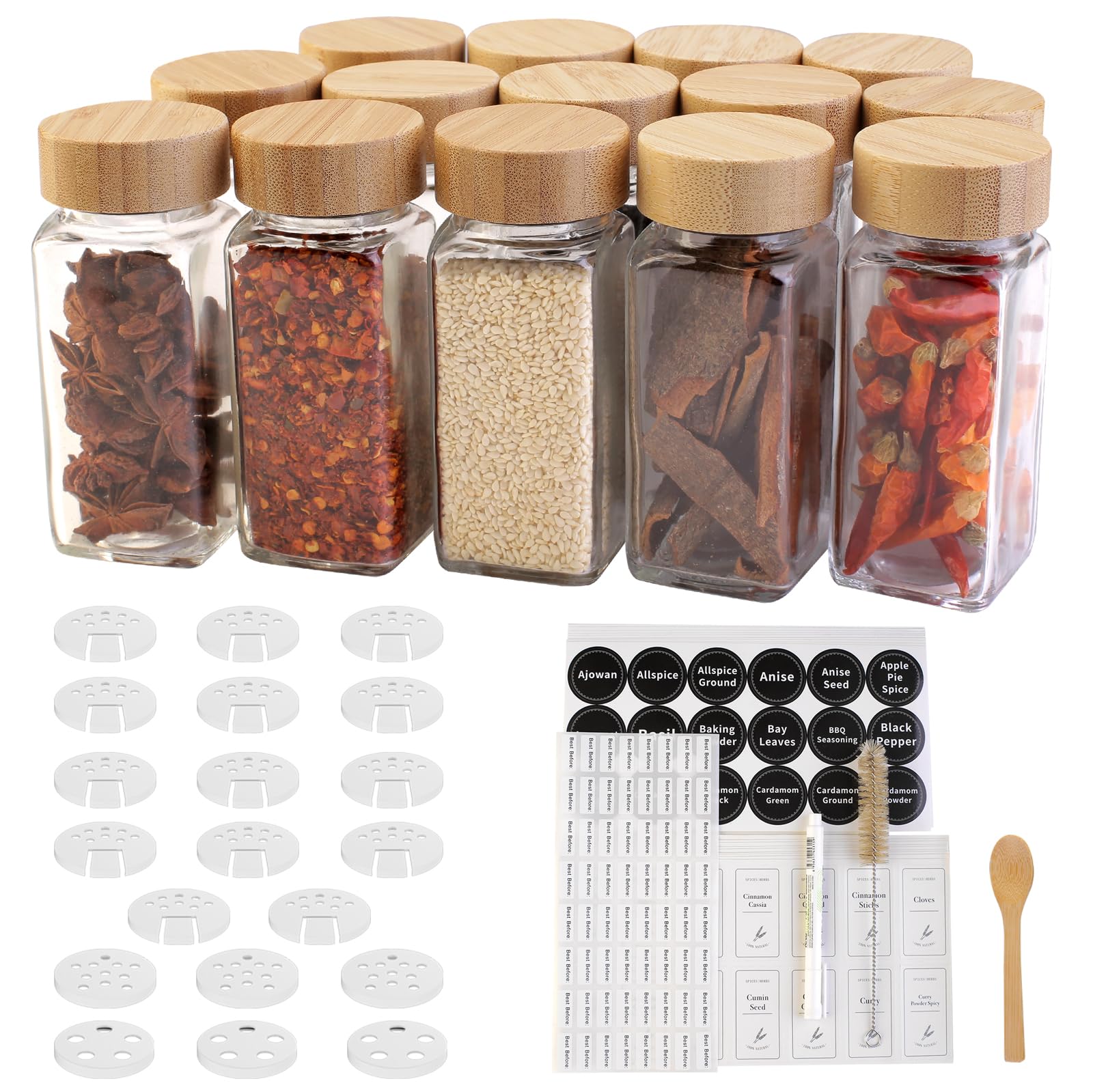 Monica 14 Glass Spice Jars With Bamboo Airtight Lids And 5 Types Of Spice Labels-4Oz Empty Square Spice Bottles With Shaker Lids