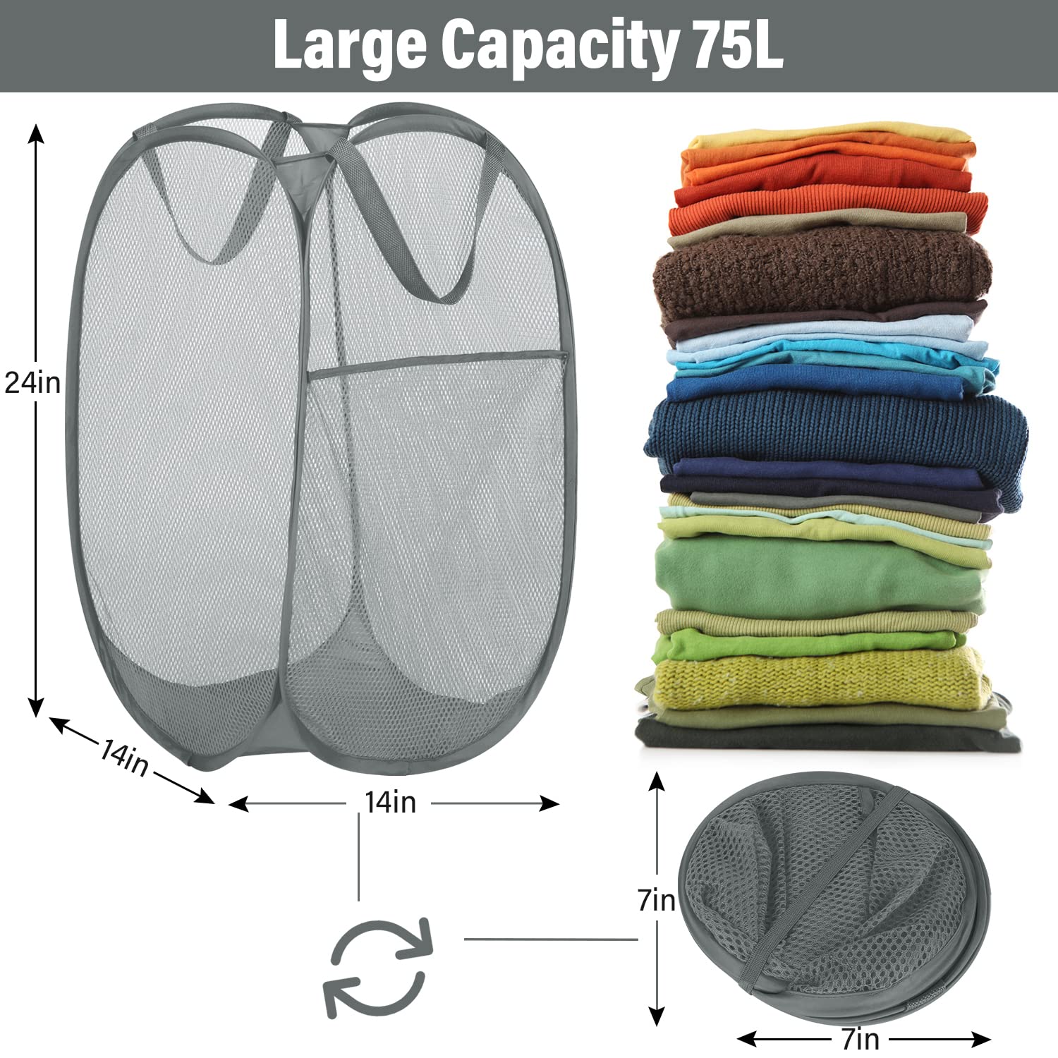 Battoo 3 Pack Collapsible Laundry Basket Strong Mesh Pop Up Laundry Hamper For Laundry Foldable Hampers With Side Pocket Reinfor