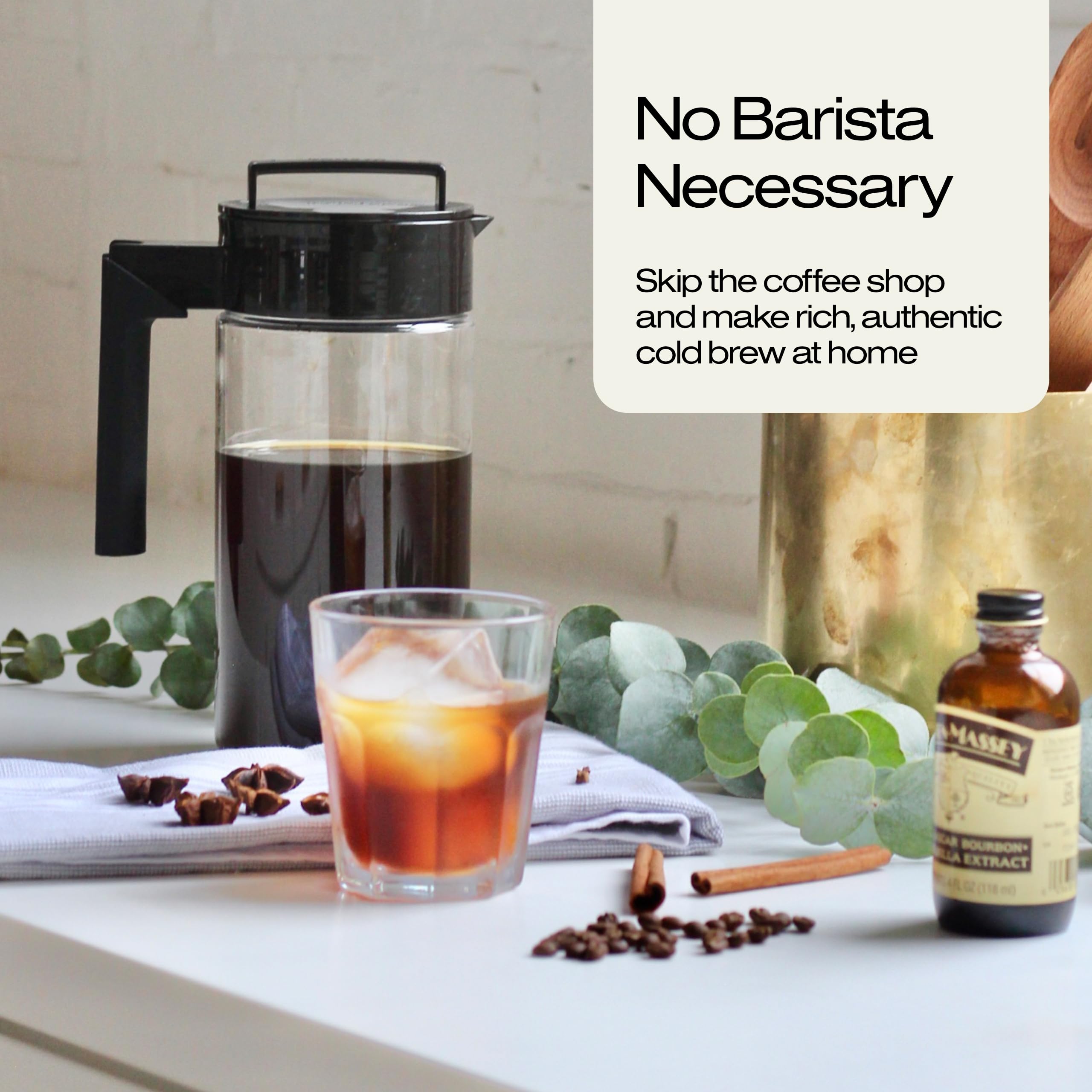 Takeya Patented Deluxe Cold Brew Coffee Maker With Black Lid Airtight Pitcher, 2 Quart, Black