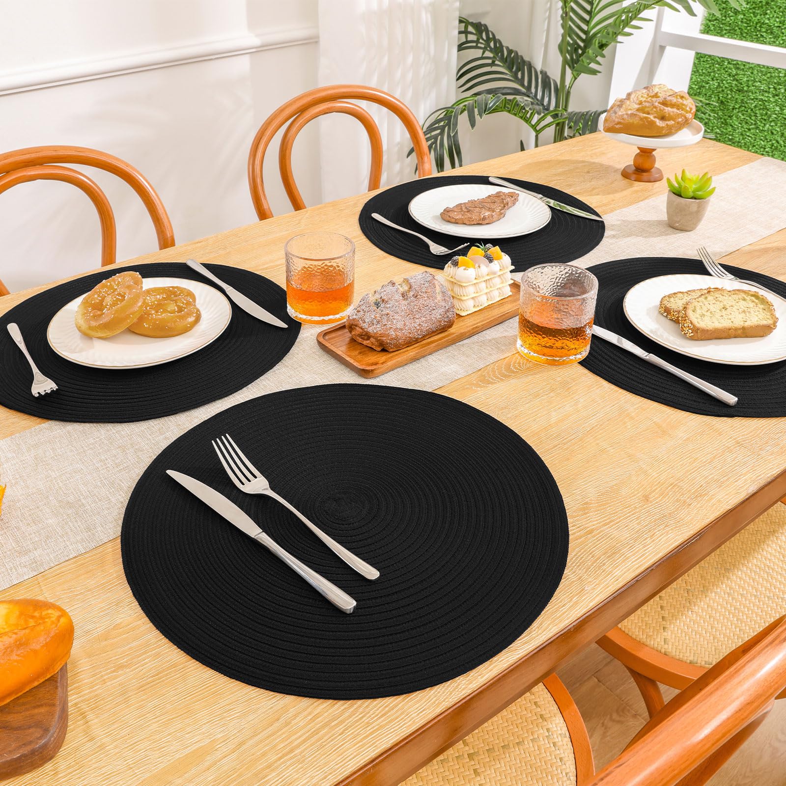 SHACOS Round Braided Placemats Set of 6 Cotton Polyester Heavy Duty 15 inch Round Table Mats Washable Heat Resistant Place Mats