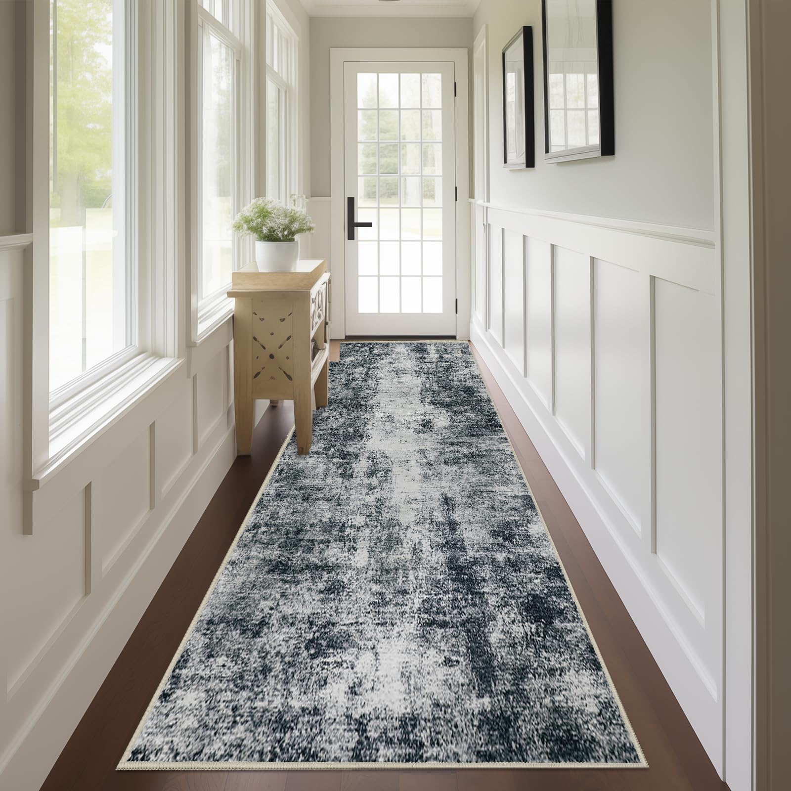 Capslpad Abstract Washable Runner Rug, 2x10 Black Non-Slip Hallway Runner Rug, Modern Low Pile Kitchen Runner Rug, Ultra Soft Pr