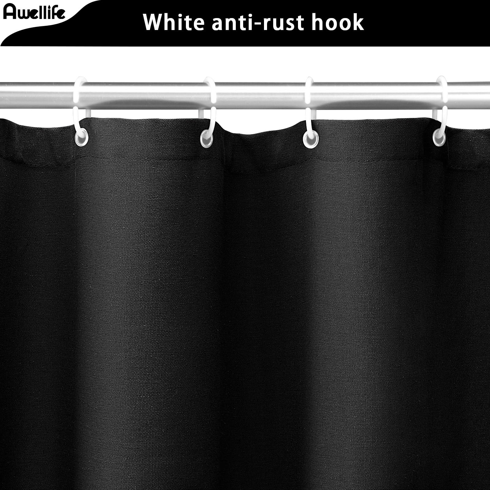Awellife Black Linen Shower Curtain For Bathroom Natural Cotton Cloth Fabric Farmhouse Boho Shower Curtain With 12 Durable Hooks