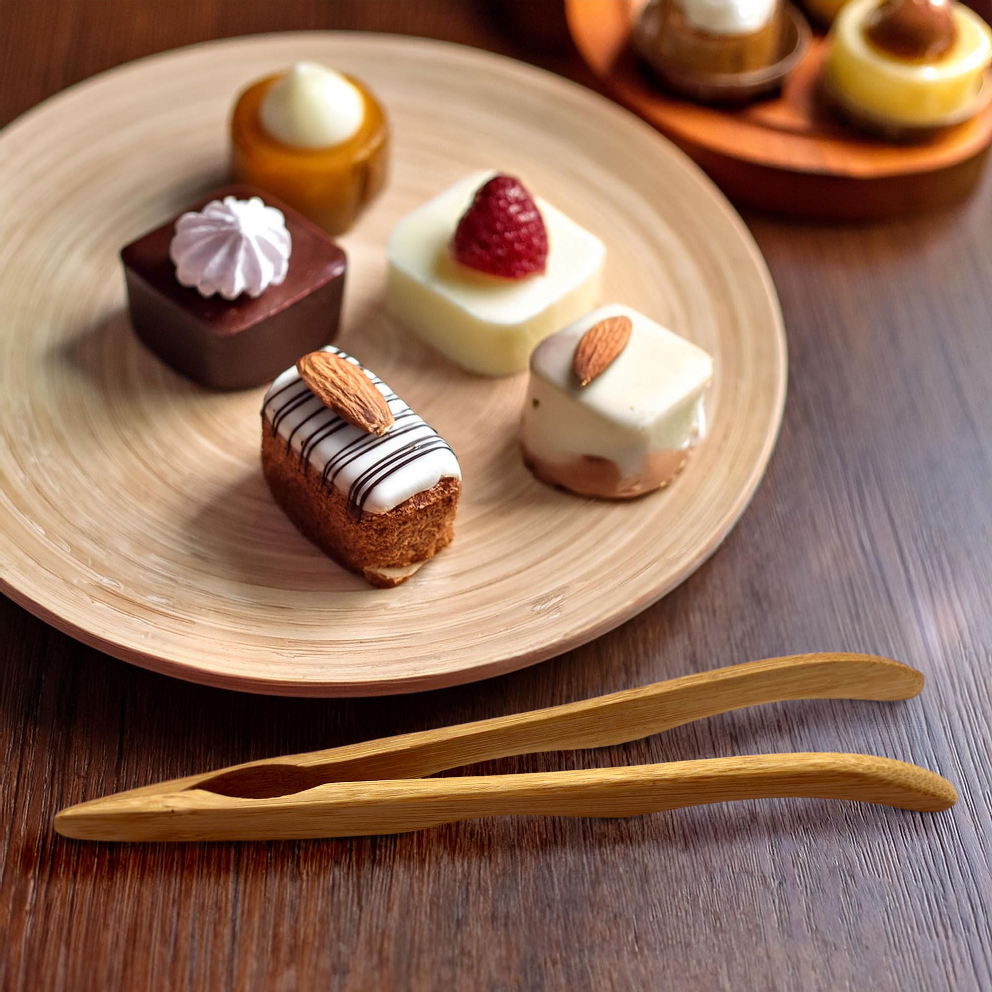 Bamboomn 7'' Reusable Bamboo Toast Tongs, Curved Arms, Carbonized Brown - 3 Pieces