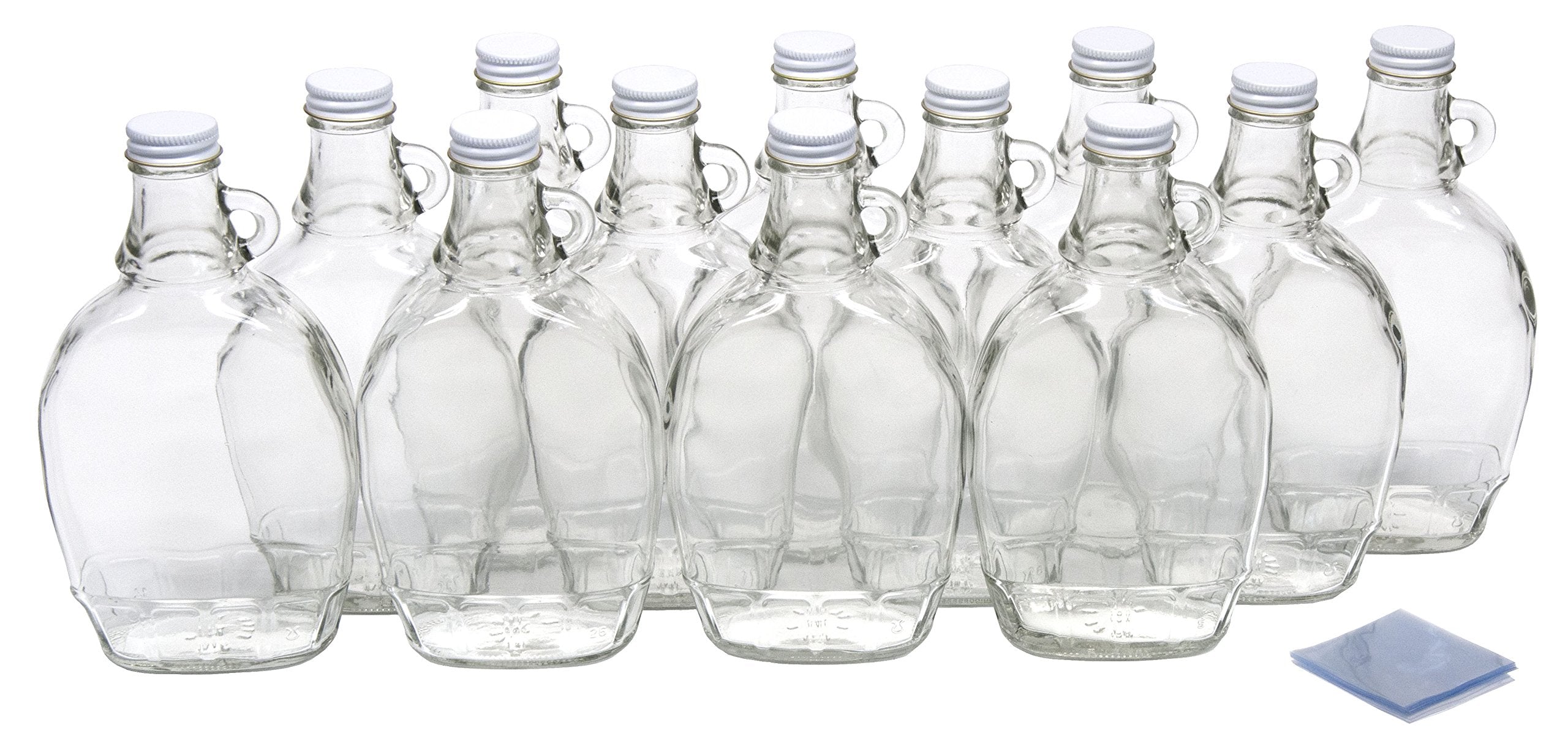 North Mountain Supply - FSJ-12-SB 12 Ounce Glass Maple Syrup Bottles with Loop Handle & White Metal Lids & Shrink Bands - Case o