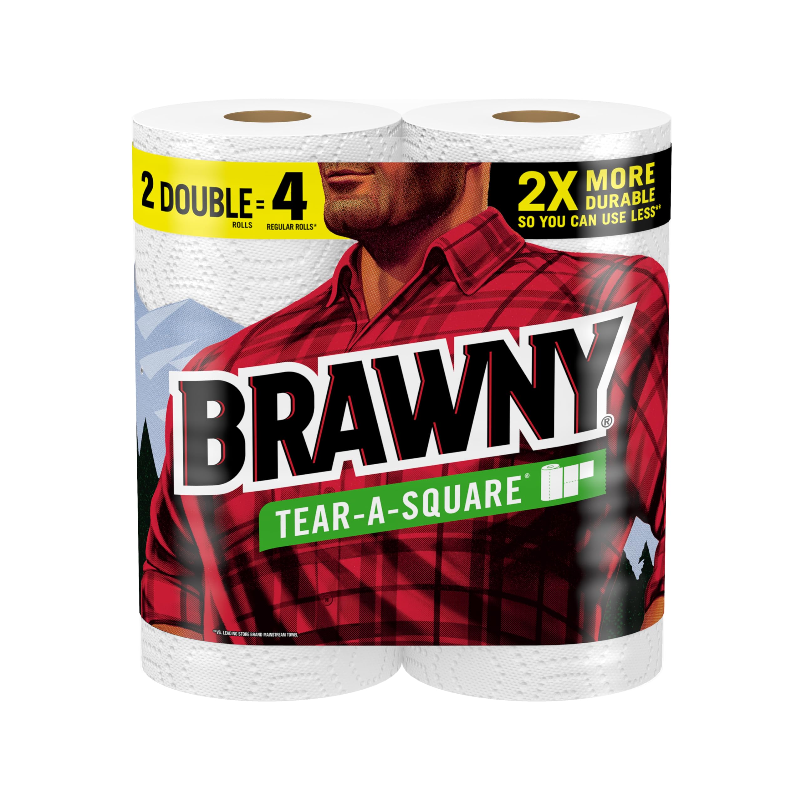 Brawny Tear-A-Square Paper Towels, 2 Double Rolls = 4 Regular Rolls, 3 Sheet Sizes (Quarter, Half, Full), Strength For All Messe